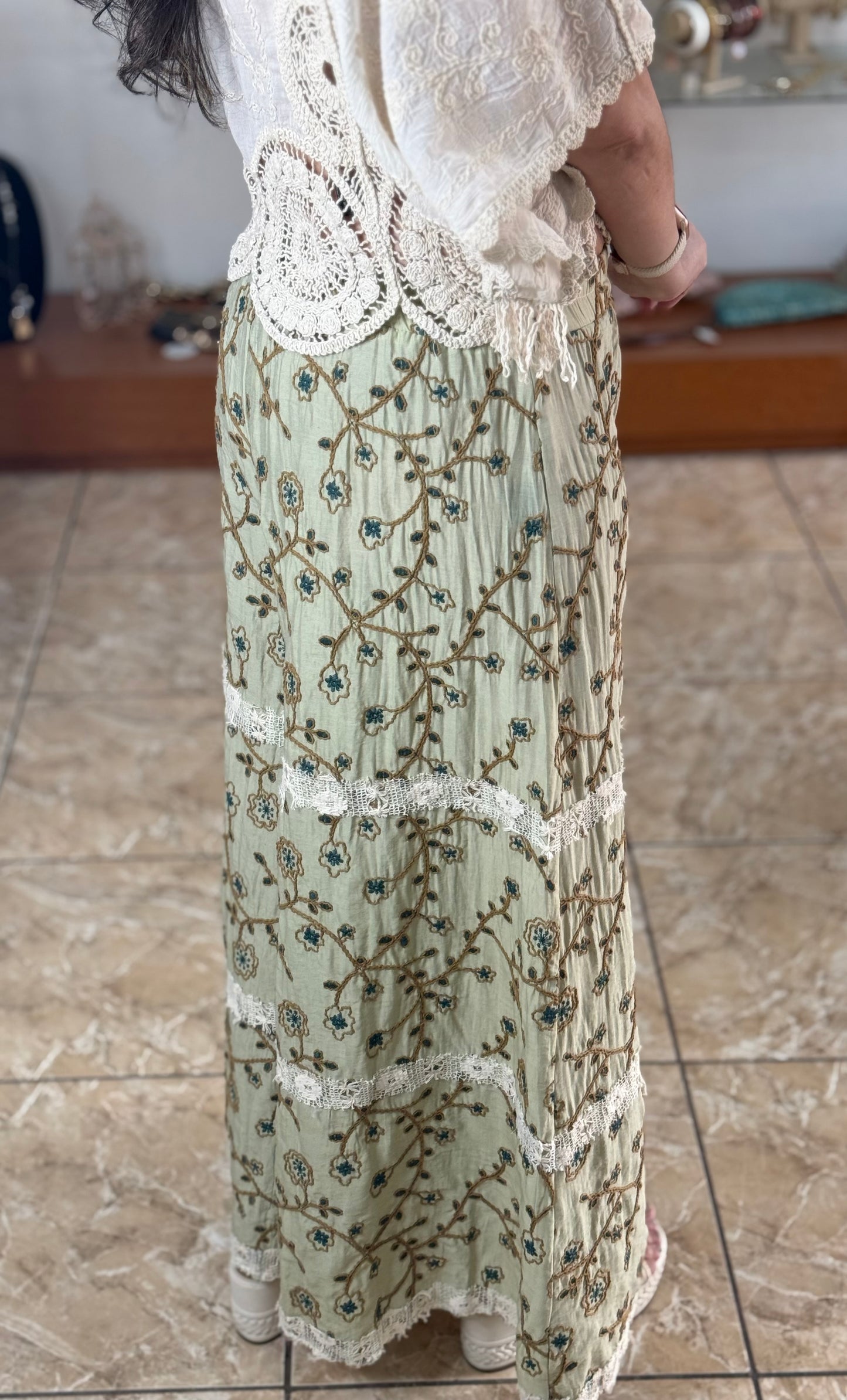 Green Floral Embroidered Pants