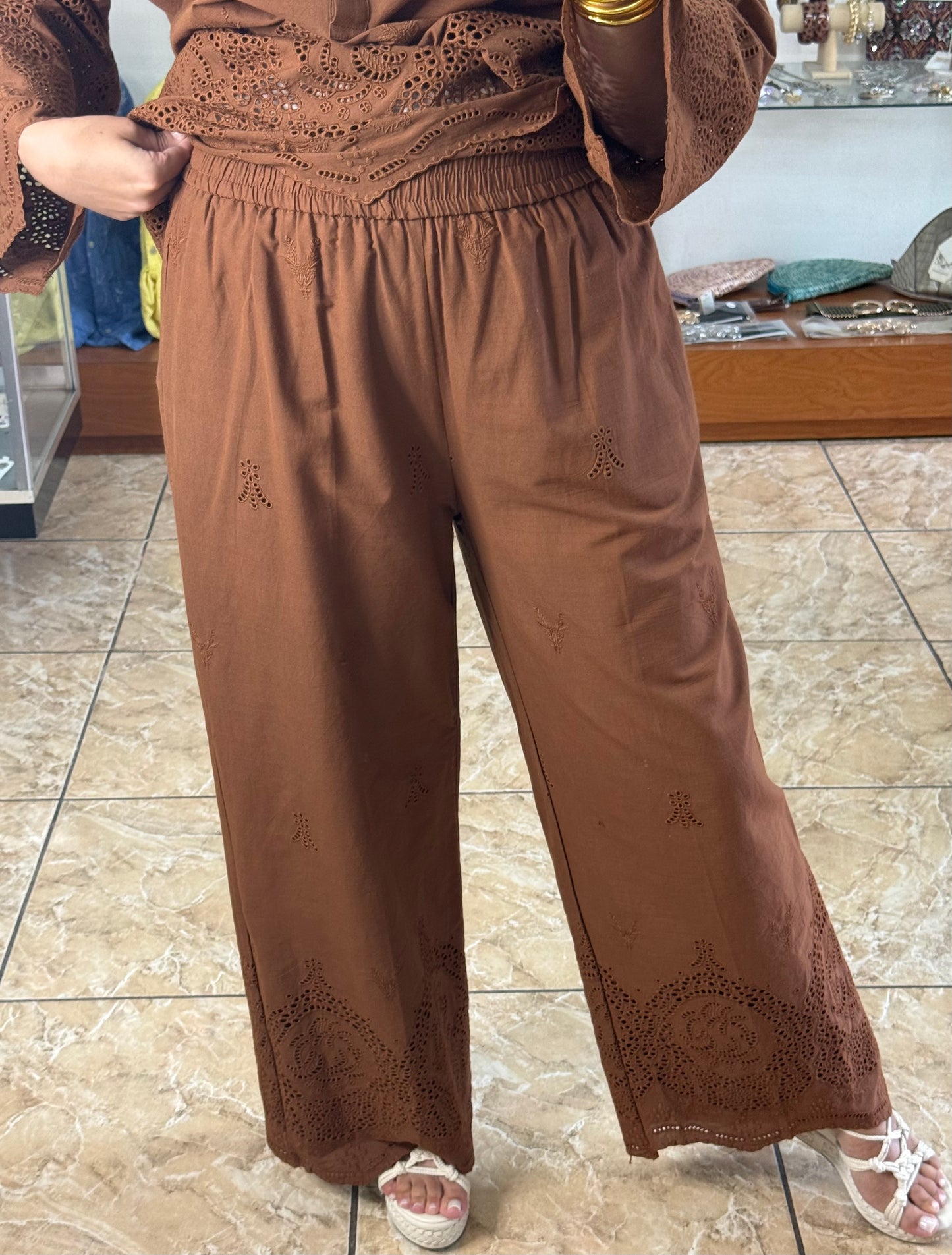 Chocolate Embroidered OS Pant Set (NO RETURNS OR EXCHANGE)