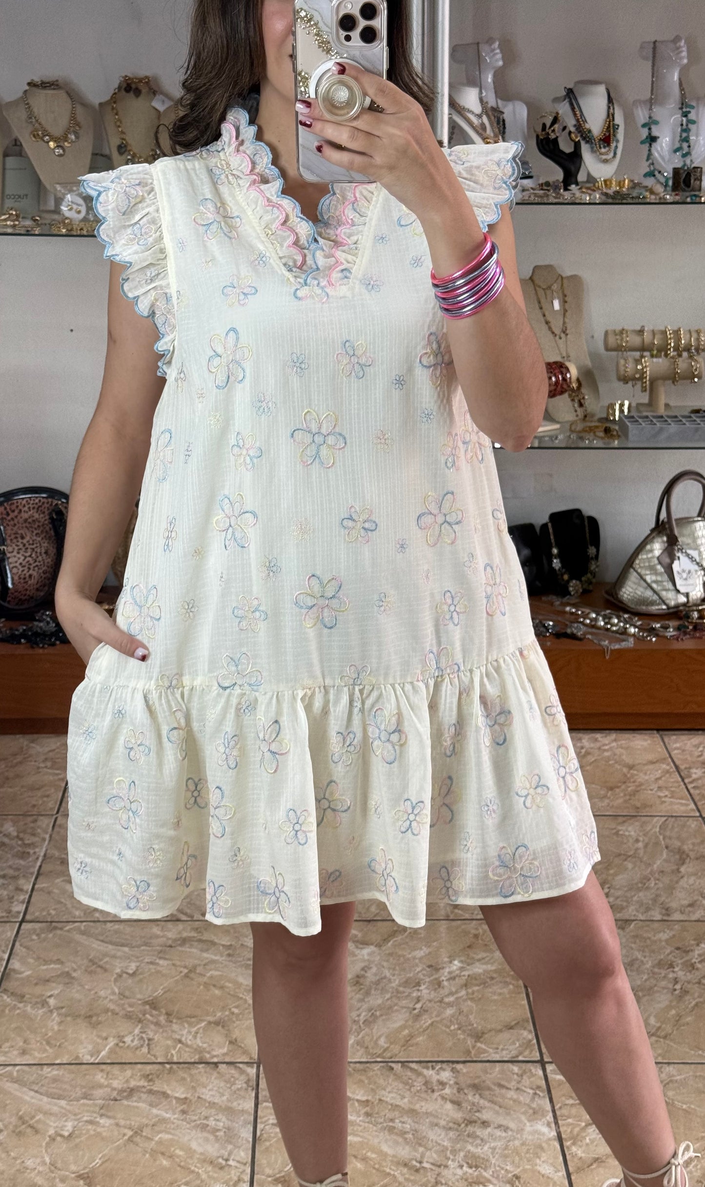 Pastel Floral Embroidered Mini Dress