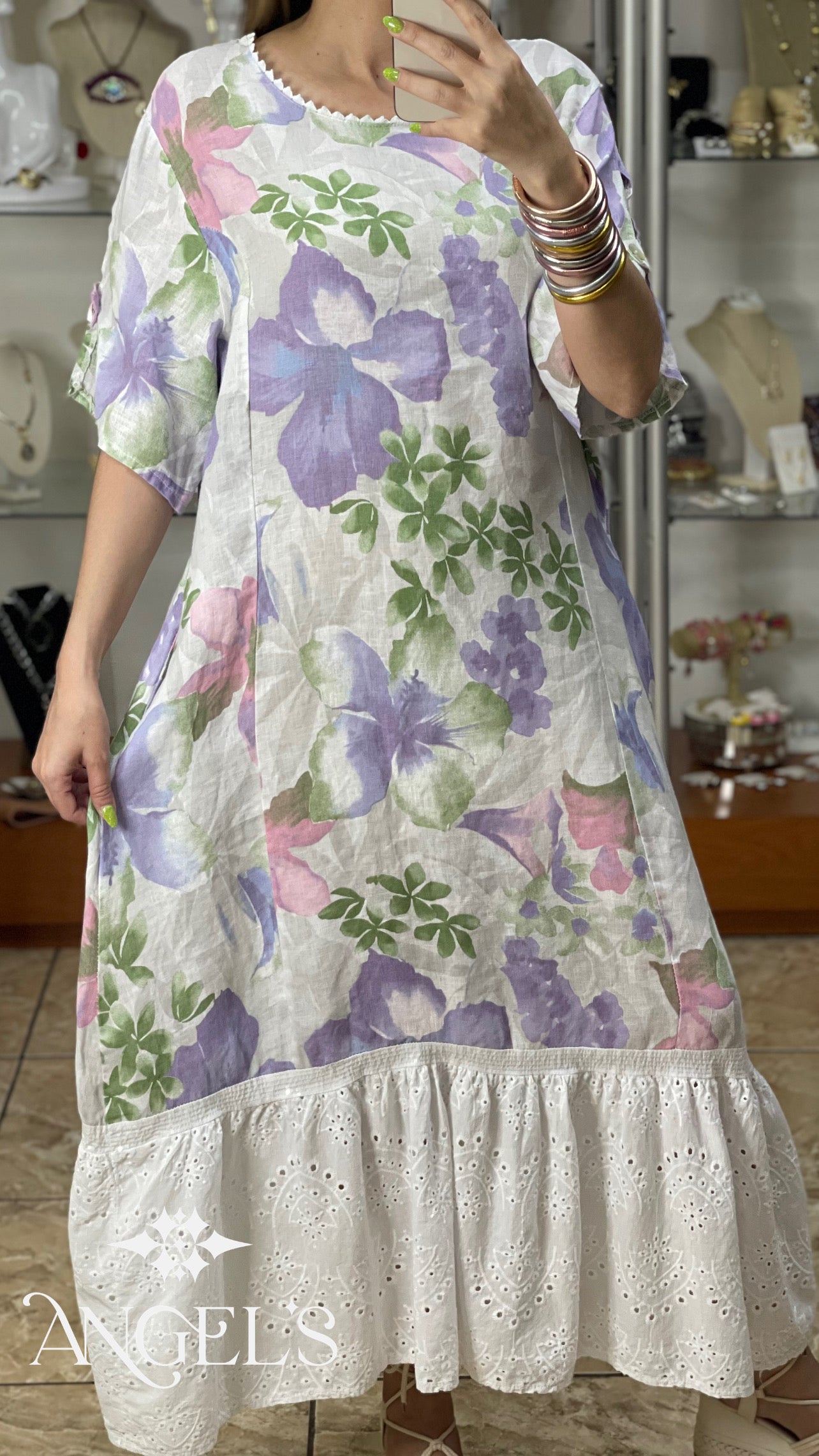 Linen Floral With Eyelet Details OS Dress