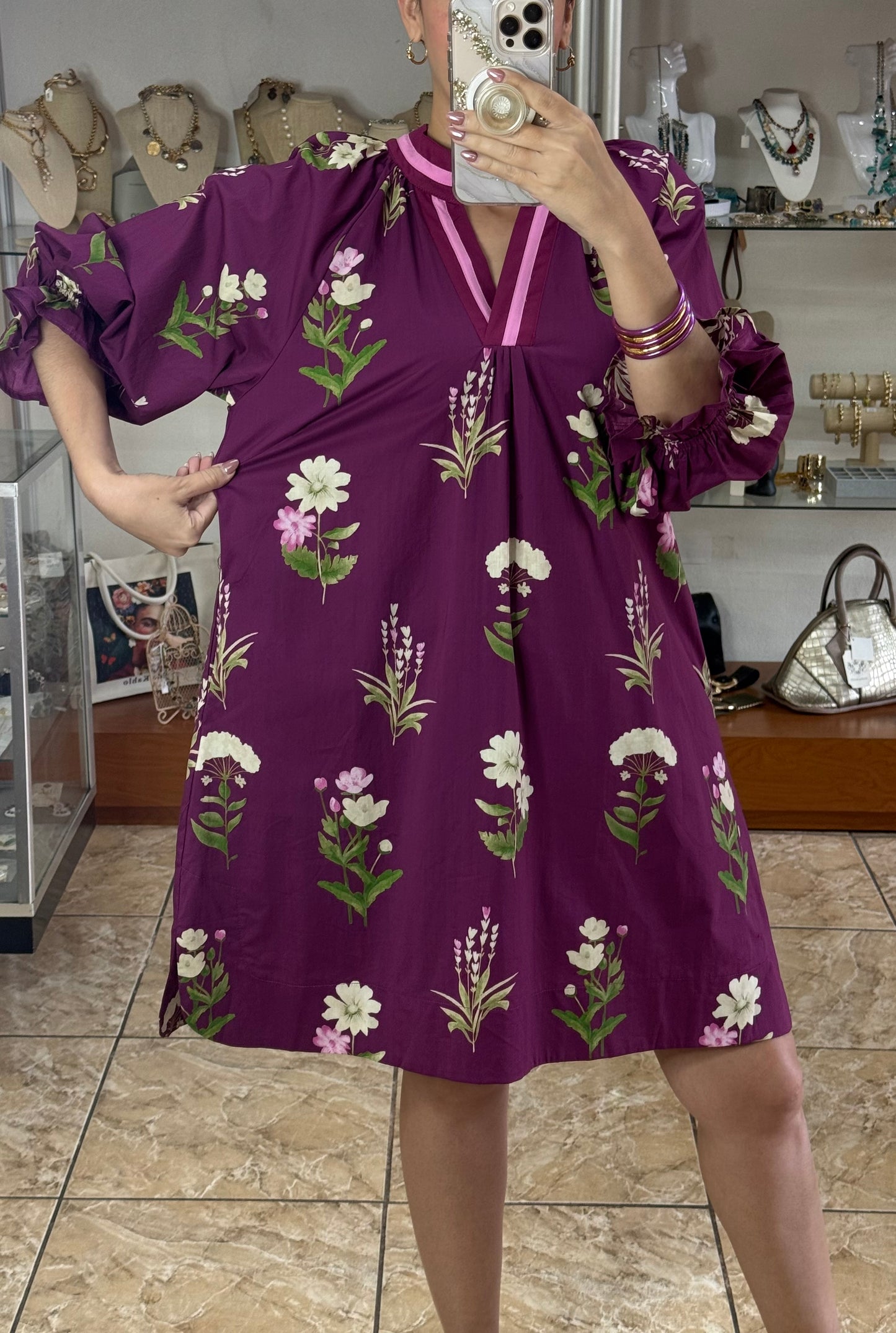 Floral Tunic Dress with Contrast Trim