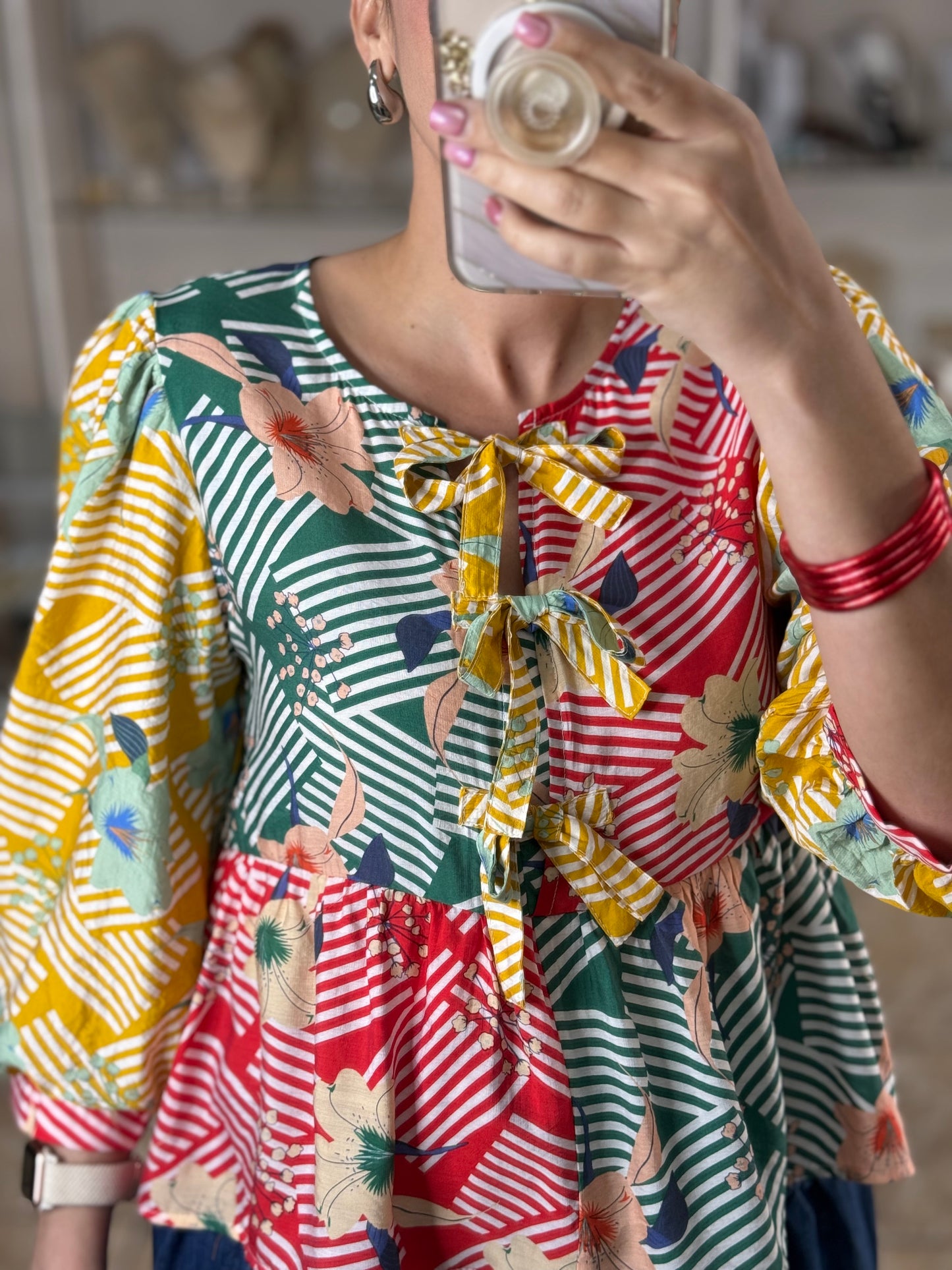 Long Sleeves Multicolor Peplum Top