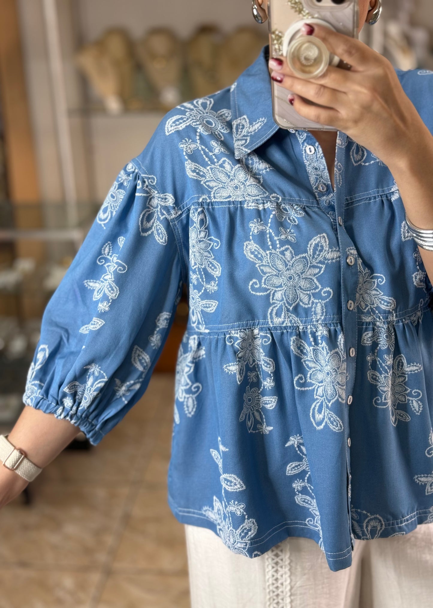 Denim Like Floral Embroidered Top
