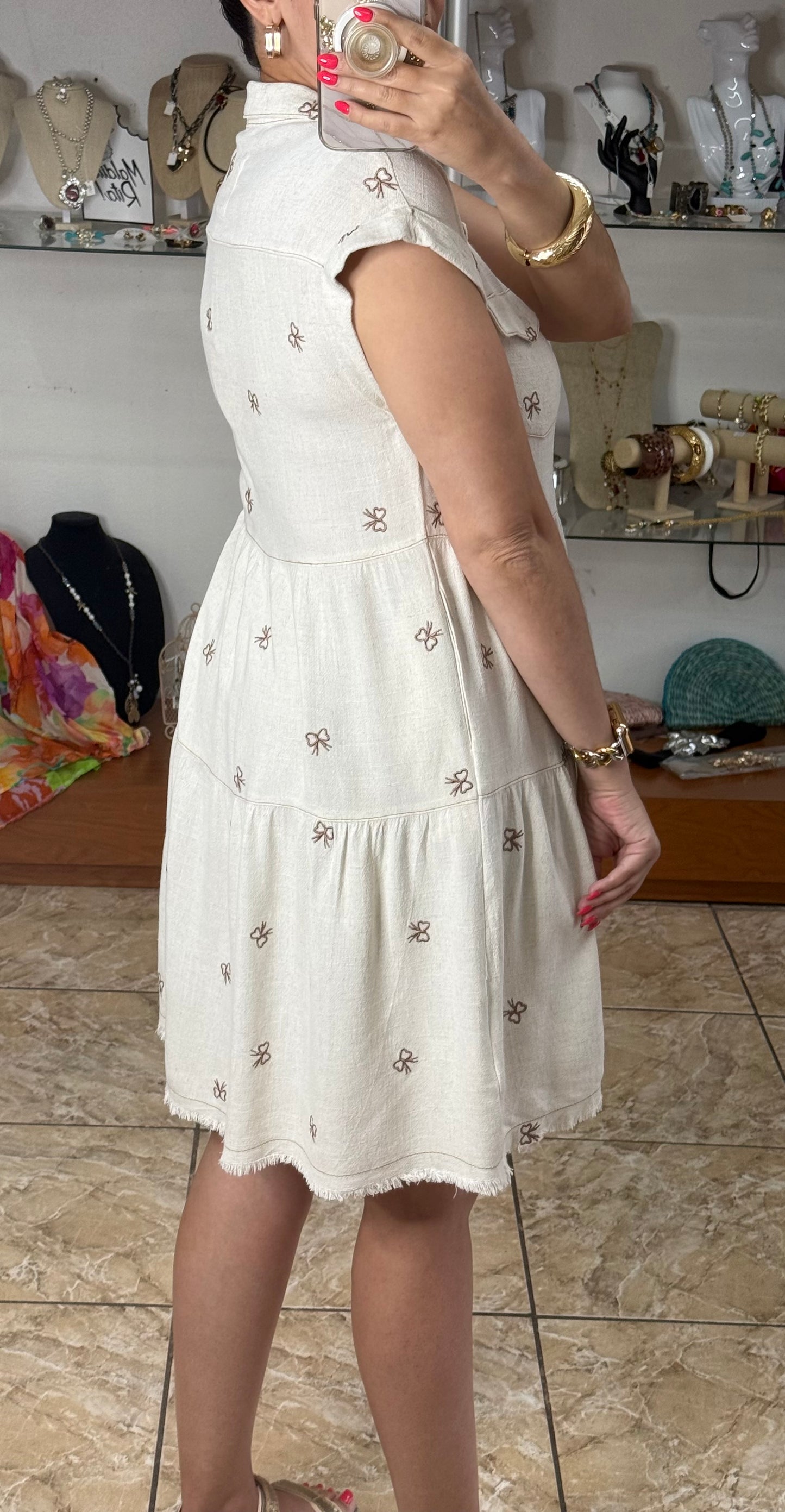 Embroidered Ribbons Linen Blend Dress