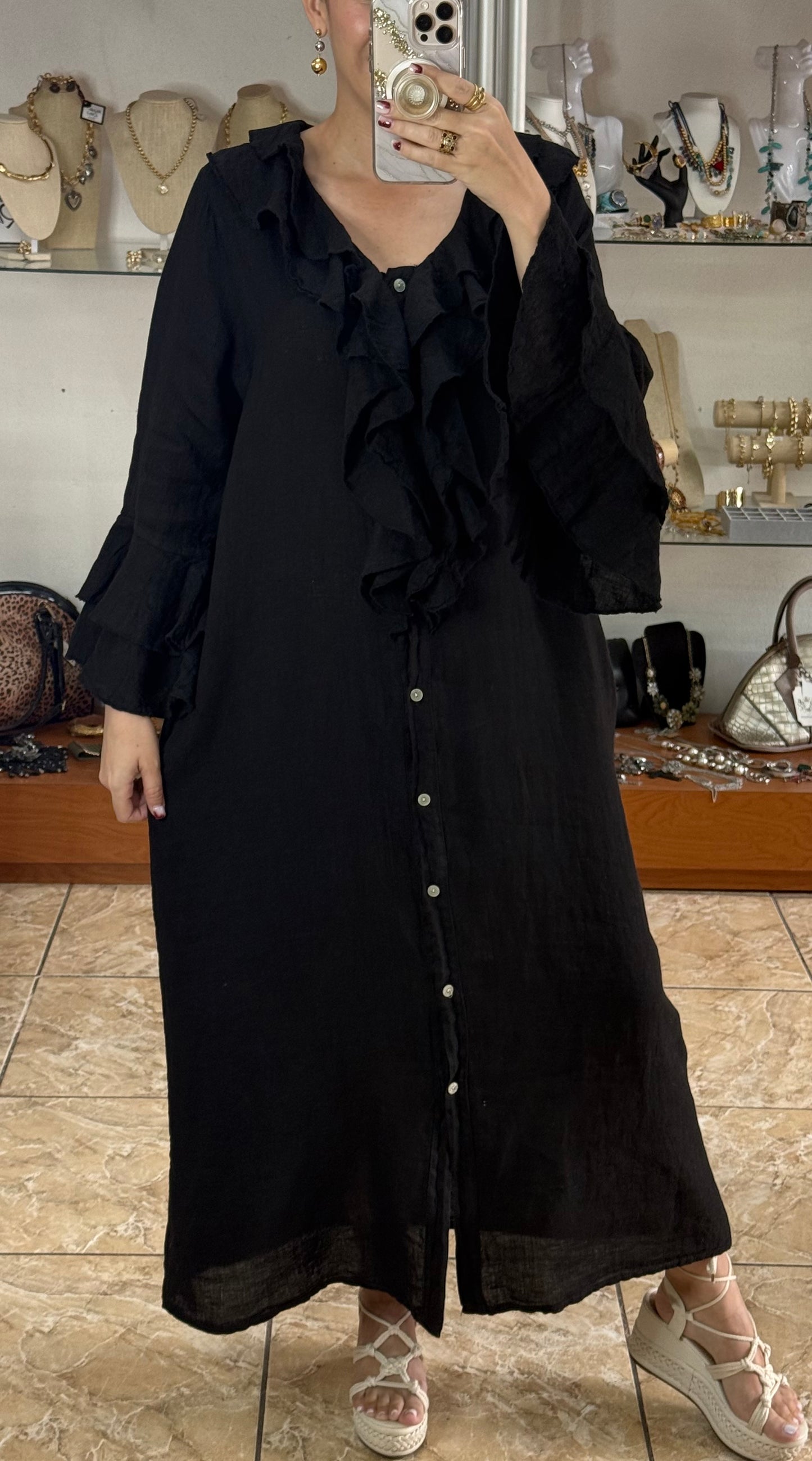 Ruffle Details OS Linen Maxi Dress (FINAL SALE)