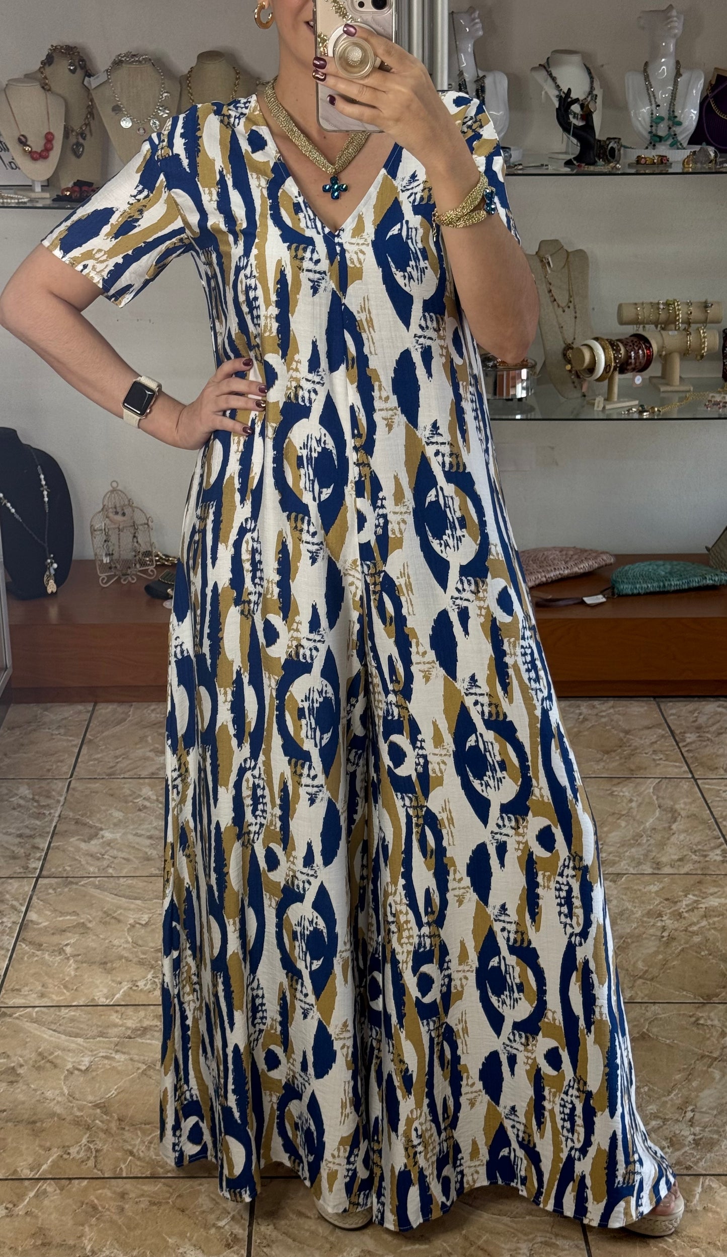 Blue Mix Short Sleeves Boho Jumpsuit