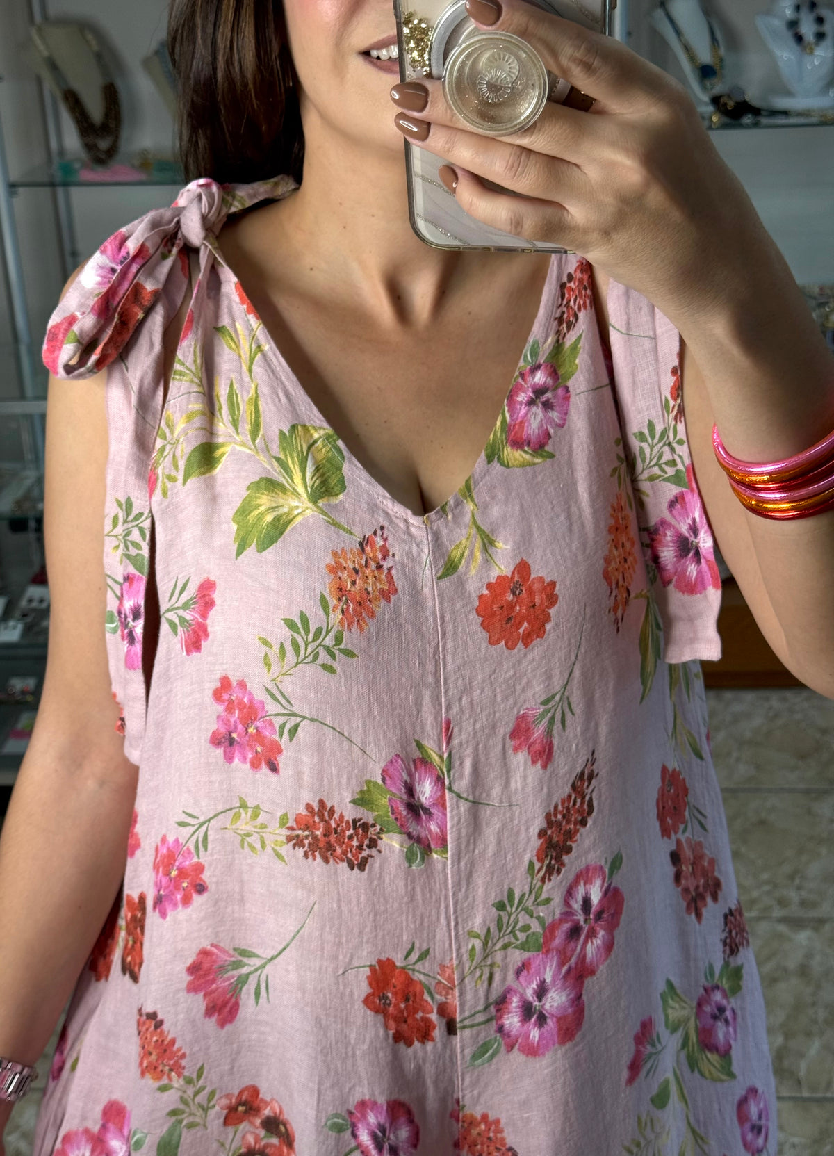 OS Dusty Rose Floral Linen Jumpsuit (NO RETURNS OR EXCHANGE)