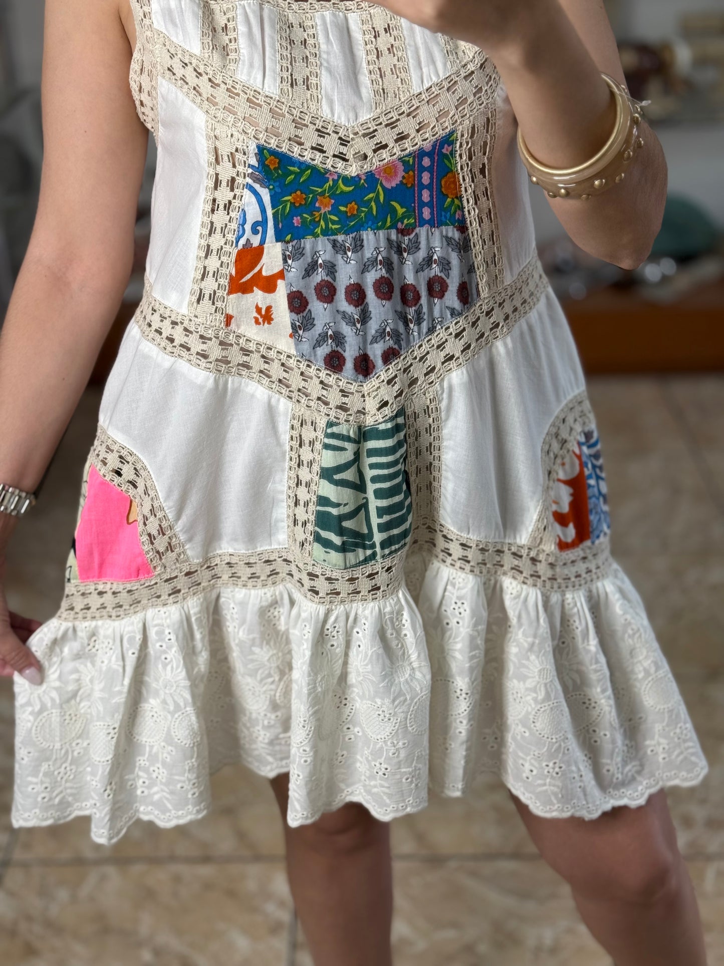 Patches and Eyelet Sleeveless Mini Dress