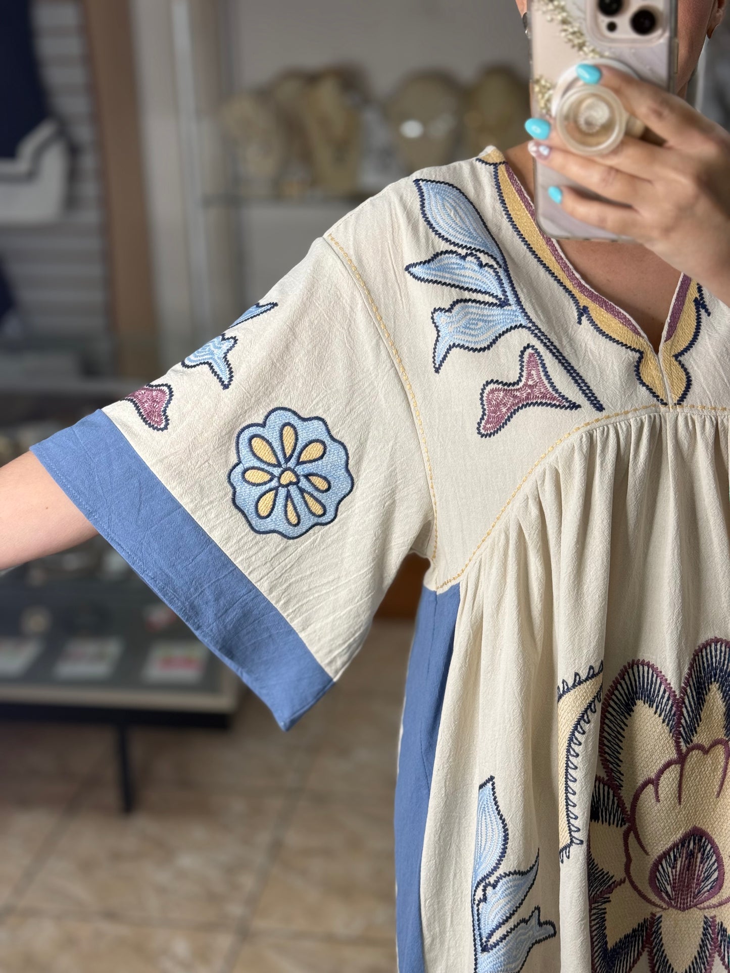 Embroidered Kaftan Mini Dress