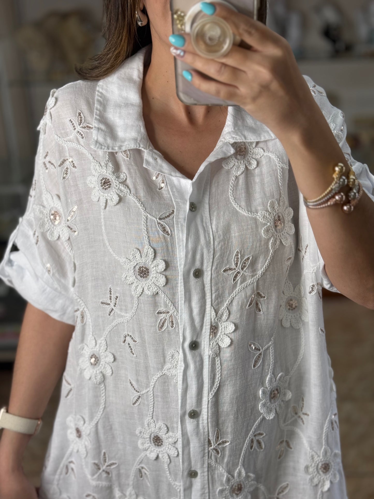 OS Embroidered/Sequins Linen Maxi Dress (NO RETURNS OR EXCHANGE)