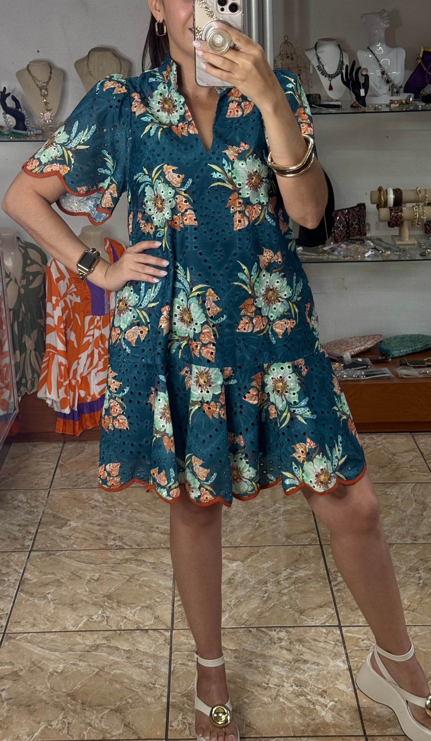 Teal Floral Eyelet Dress