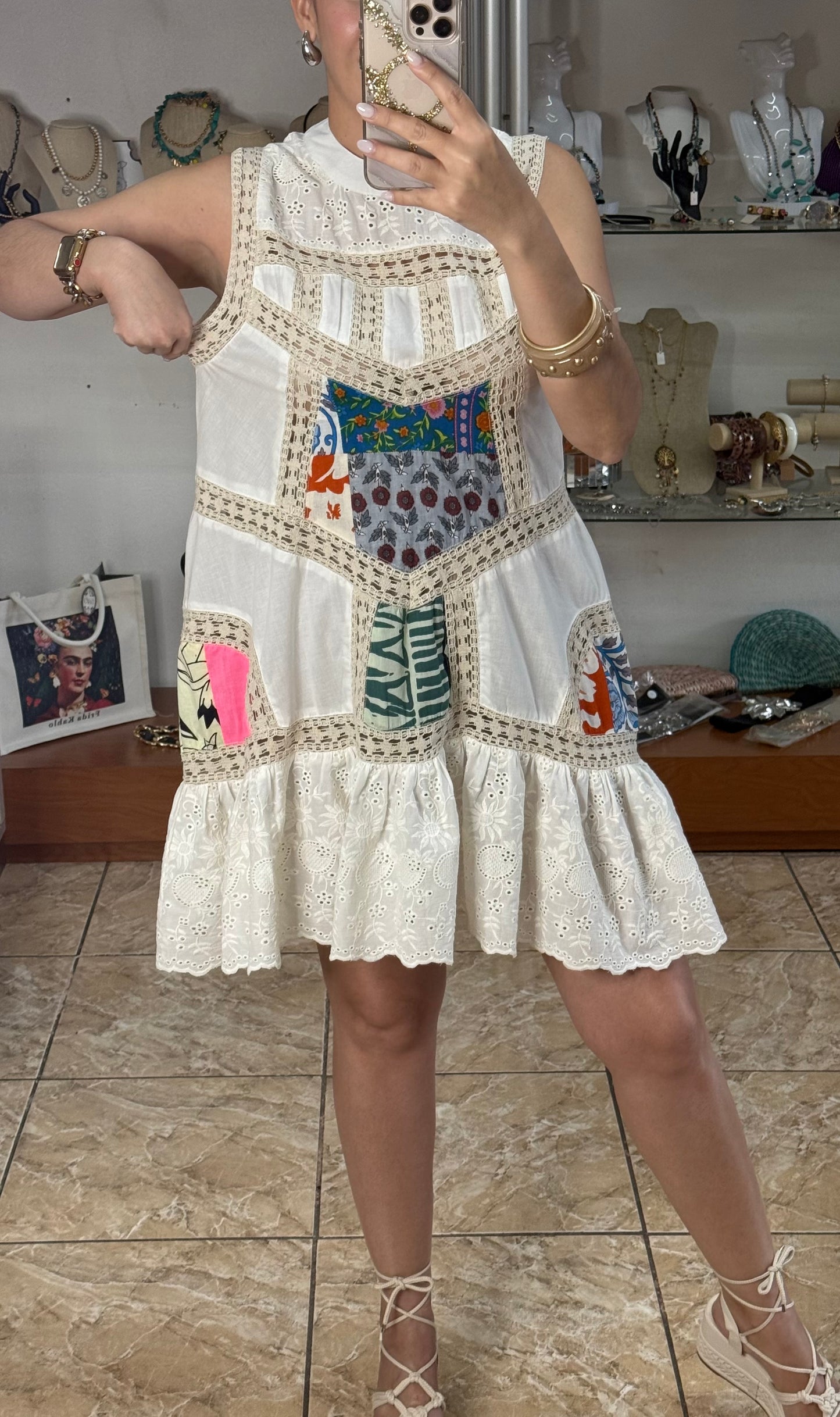 Patches and Eyelet Sleeveless Mini Dress