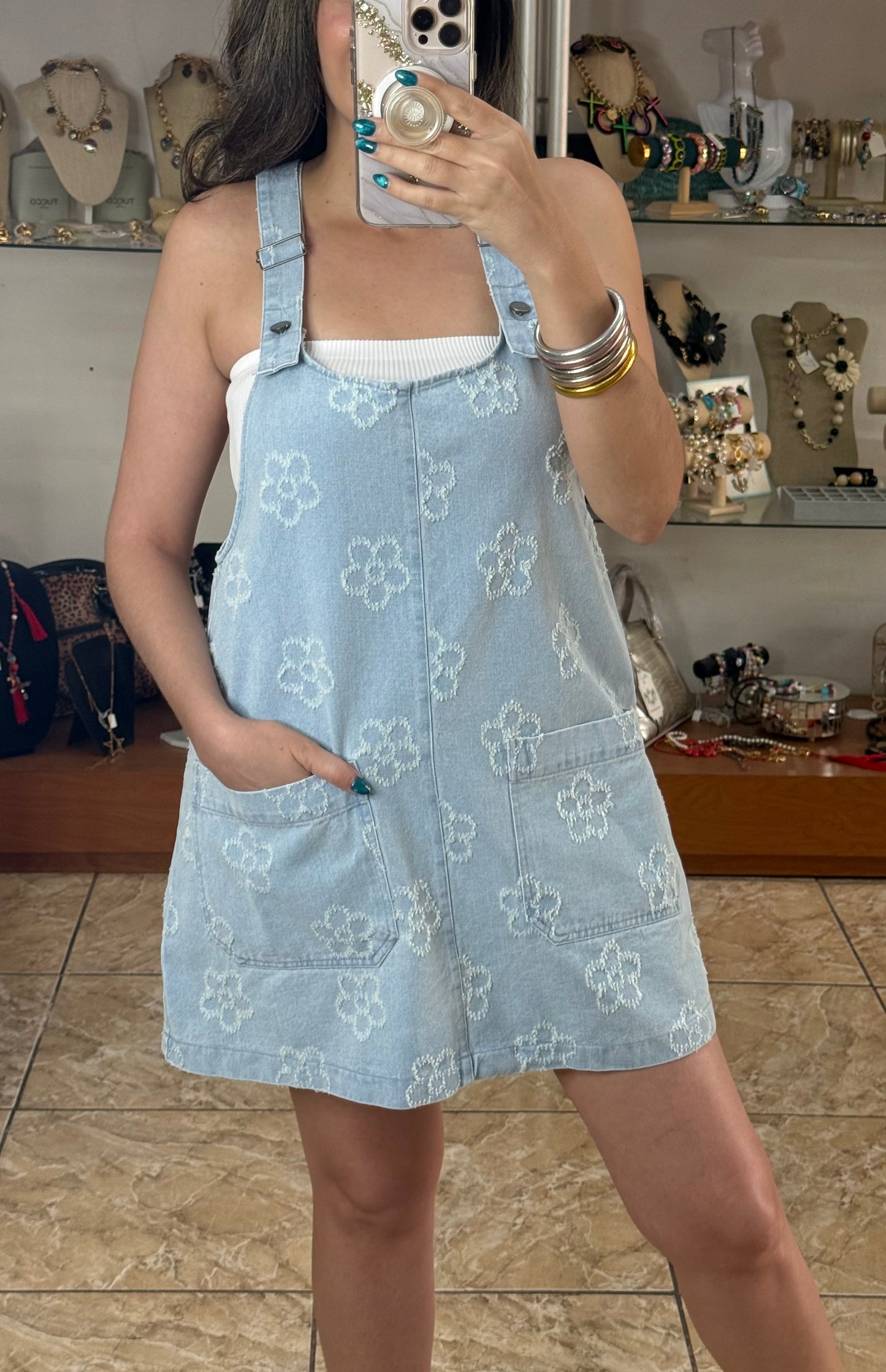 Floral Denim Overall Dress