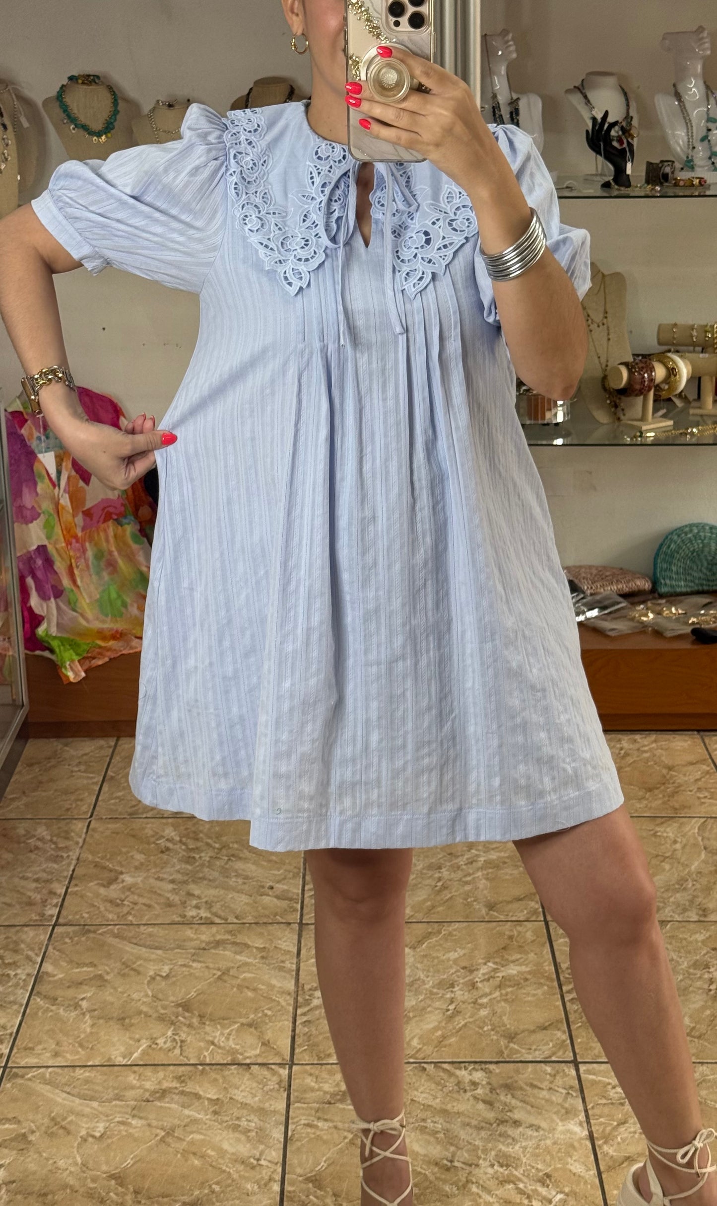 Eyelet Collard Mini Dress (Blue)