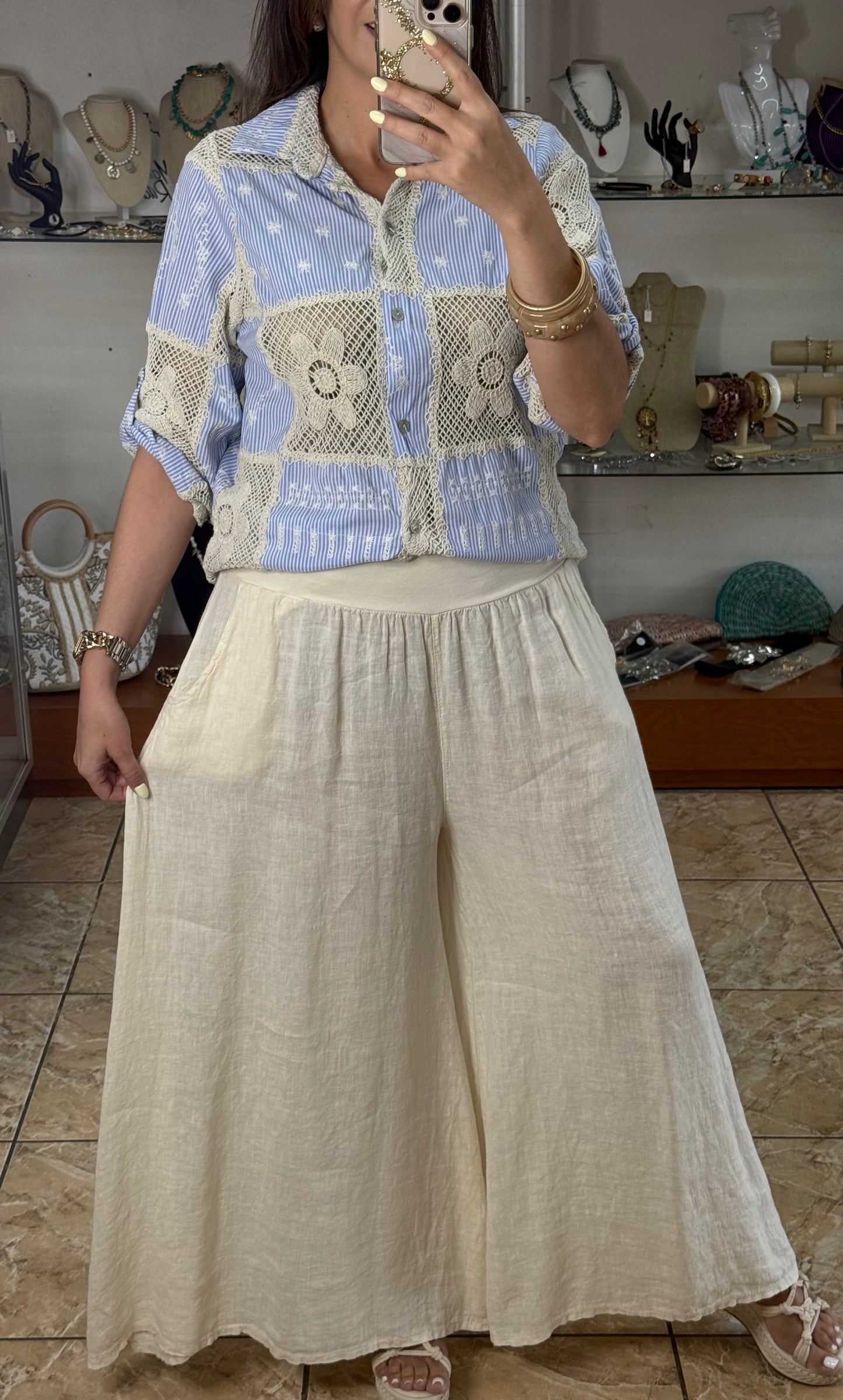 OS Striped Crochet/Embroidered Top (NO RETURNS OR EXCHANGE)