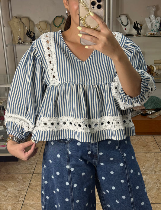 Denim Stripes/Lace Details Top
