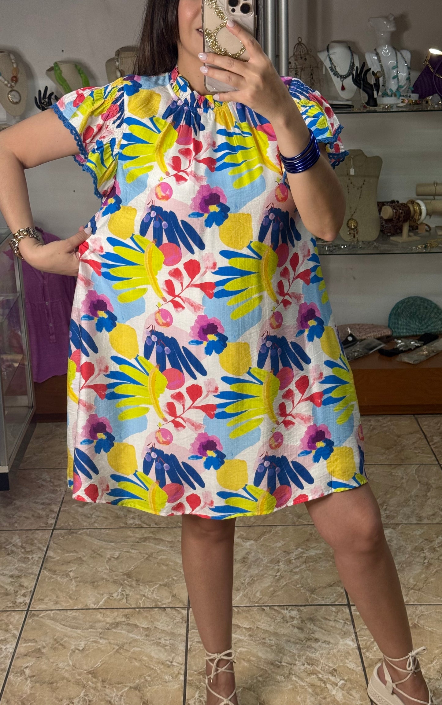 Blue Mix Flutter Sleeves Floral Dress