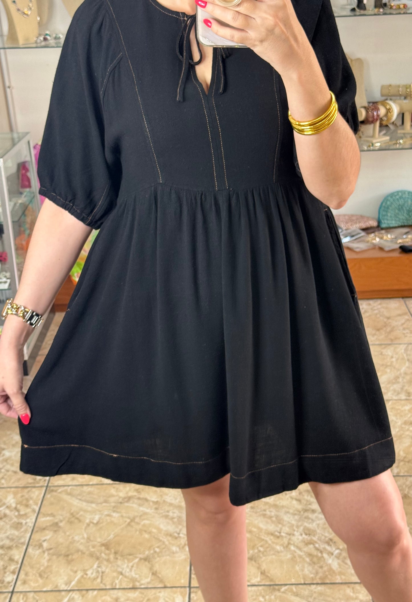 Black Linen Blend V-Neck Dress
