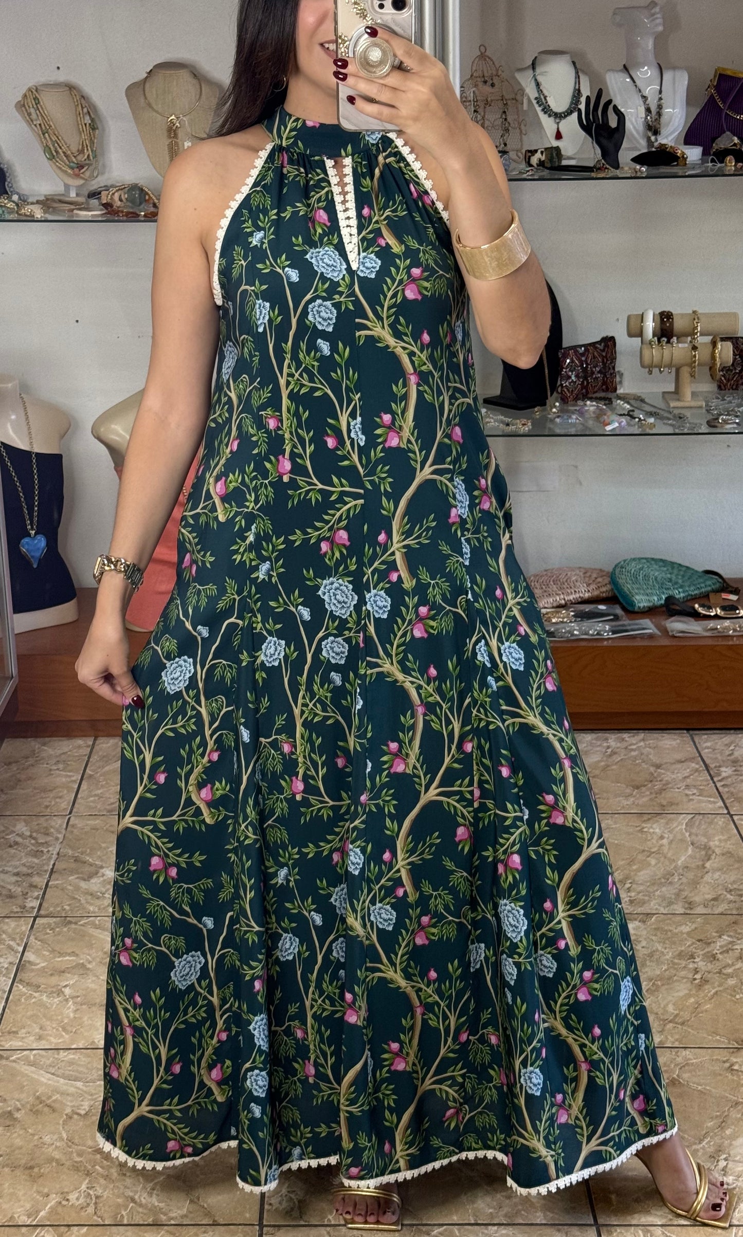 Halter Teal/Floral Maxi Dress