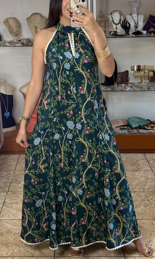 Halter Teal/Floral Maxi Dress