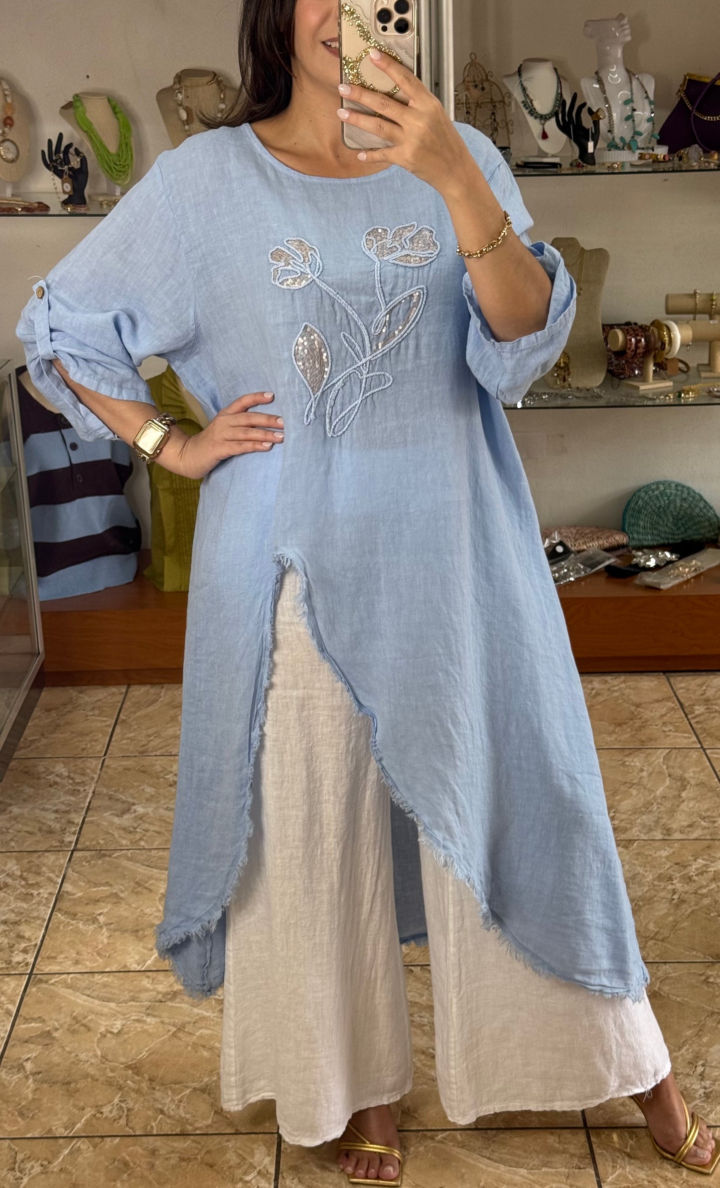 OS Asymmetrical Linen/Sequins Top (NO RETURNS OR EXCHANGE) (PANT SOLD SEPARATELY)