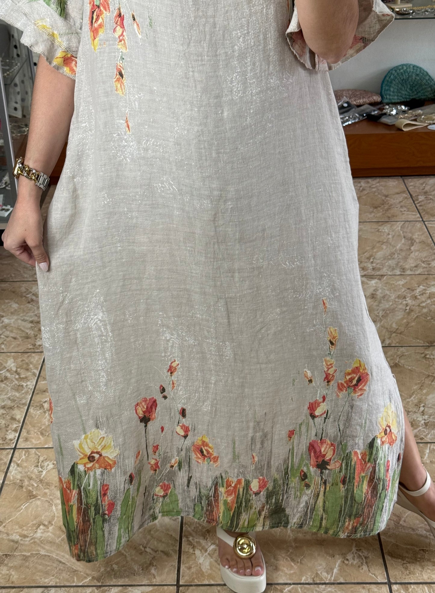 Orange Flowers OS Linen Maxi Dress (NO RETURNS OR EXCHANGE)