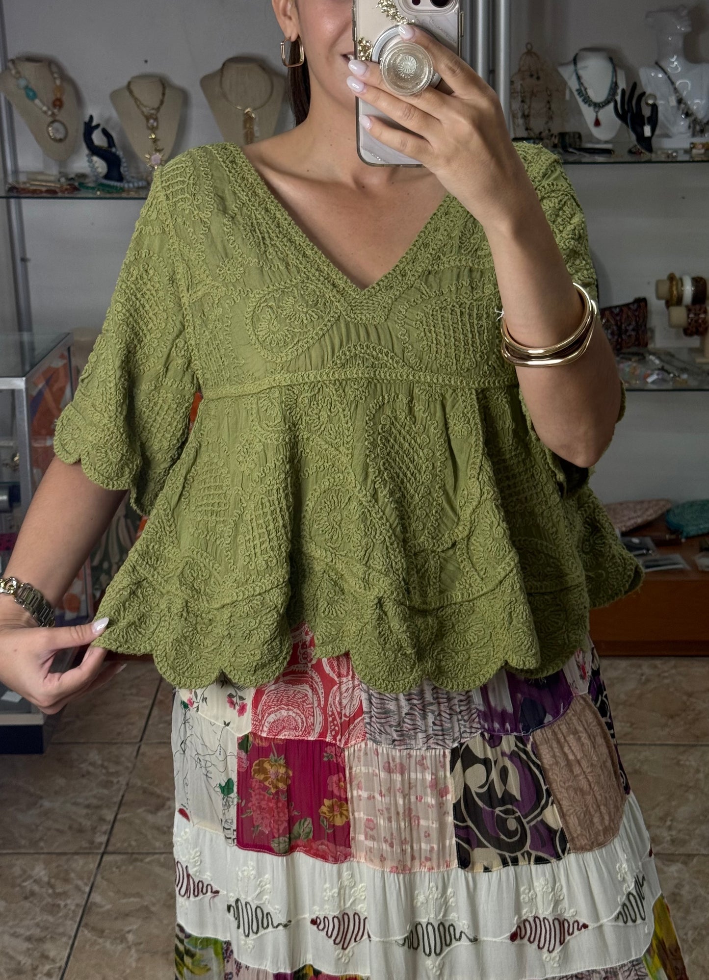 OS Green Embroidered Boho Top (NO RETURNS OR EXCHANGE)