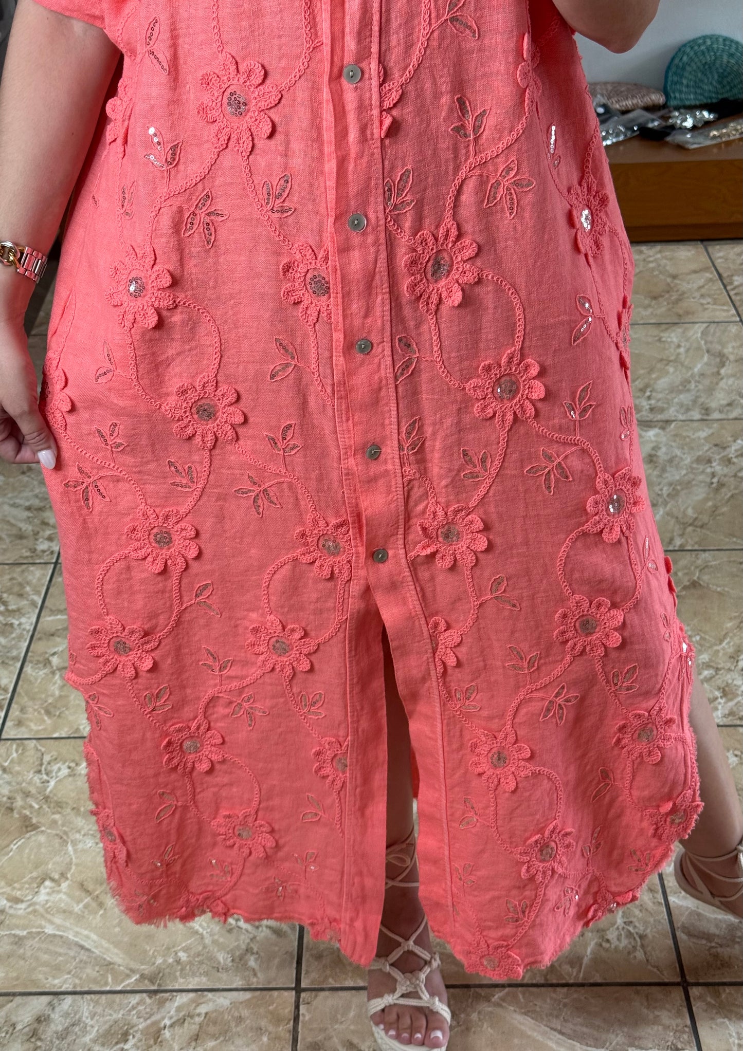 OS Embroidered/Sequins Linen Maxi Dress (NO RETURNS OR EXCHANGE)