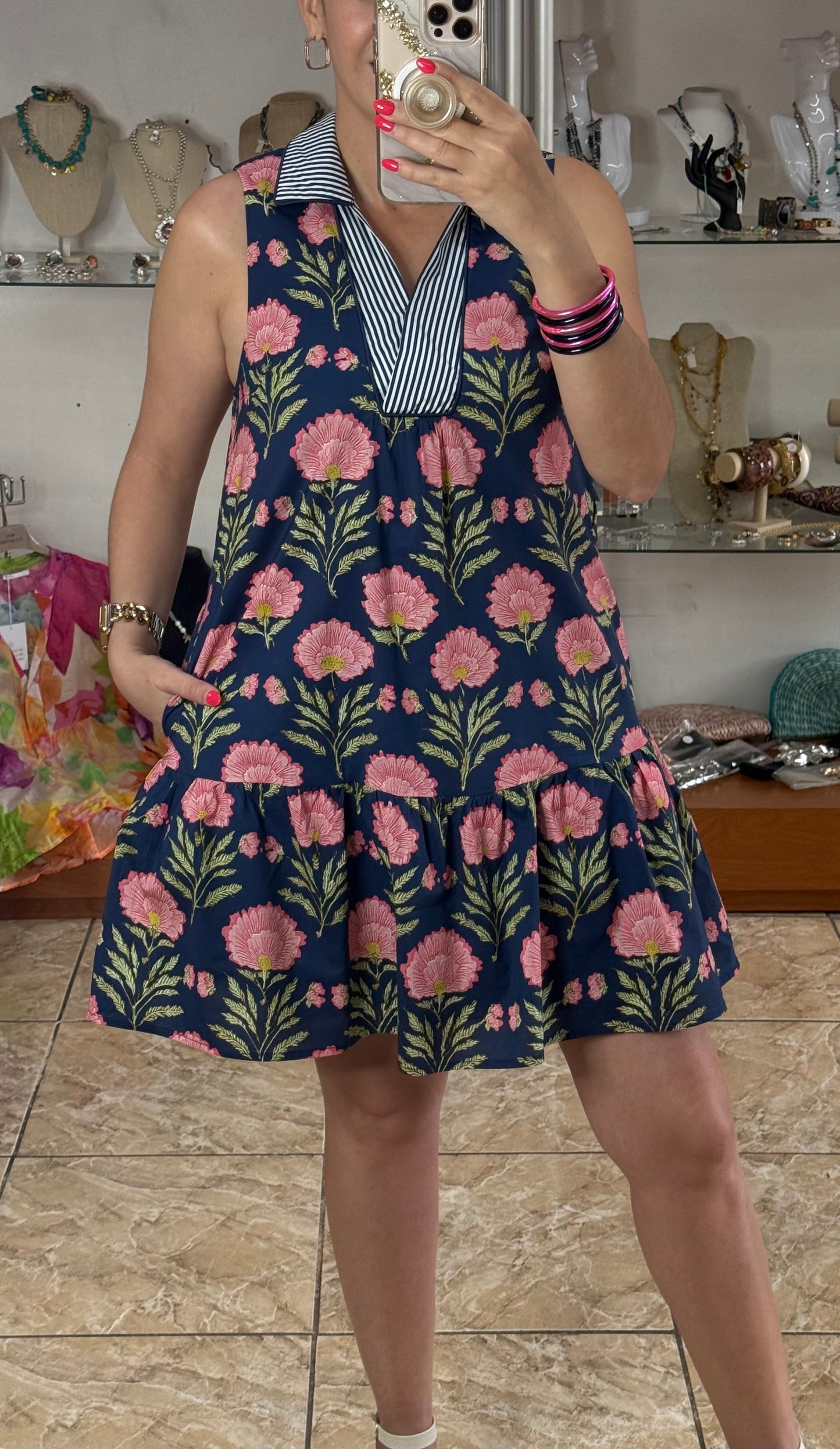Navy Floral/Stripes Sleeveless Mini Dress