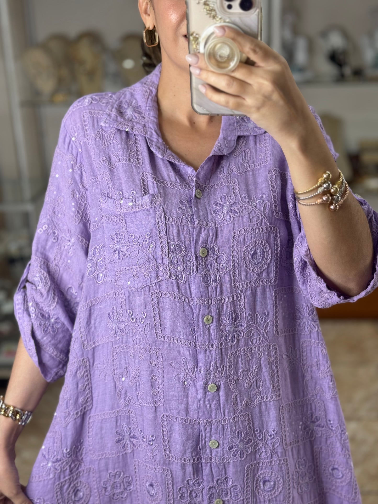 OS Sequins Embroidered Linen Maxi Dress (NO RETURNS OR EXCHANGE)
