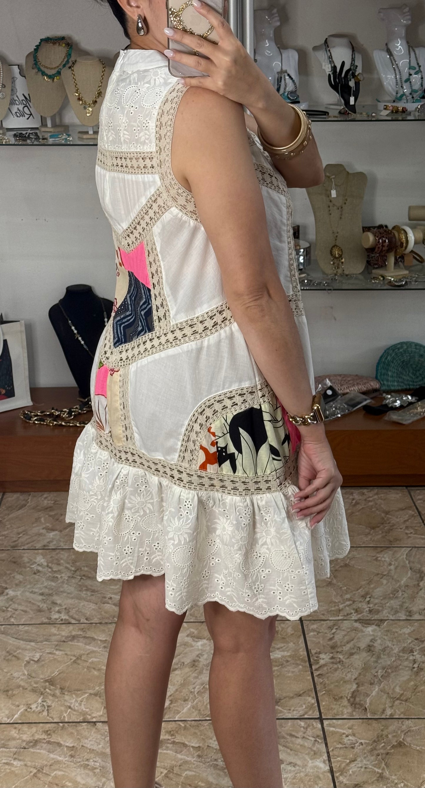 Patches and Eyelet Sleeveless Mini Dress