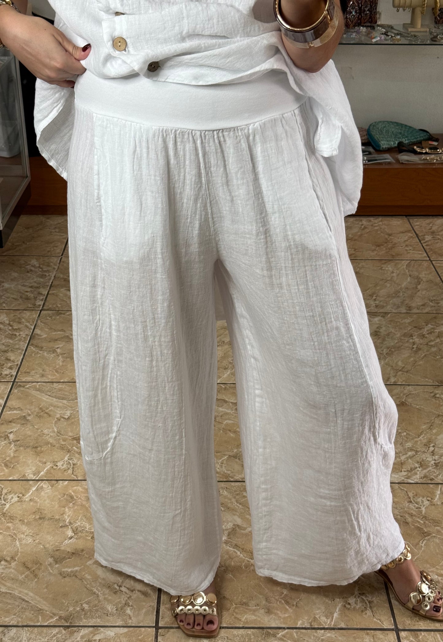 OS Linen Asymmetrical Top & Barrel Pant Set (NO RETURNS OR EXCHANGE)