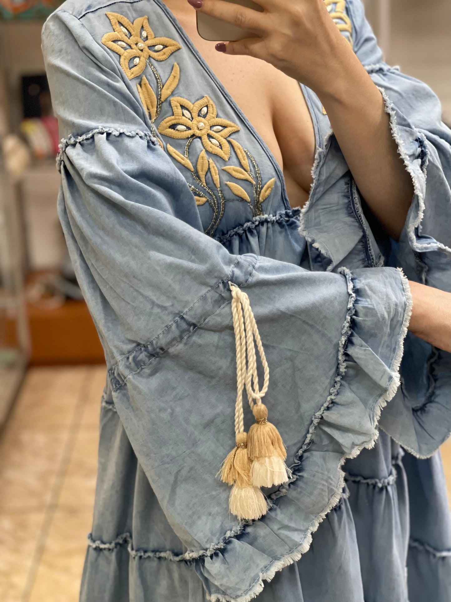 Deep V Neck Maxi Denim Dress