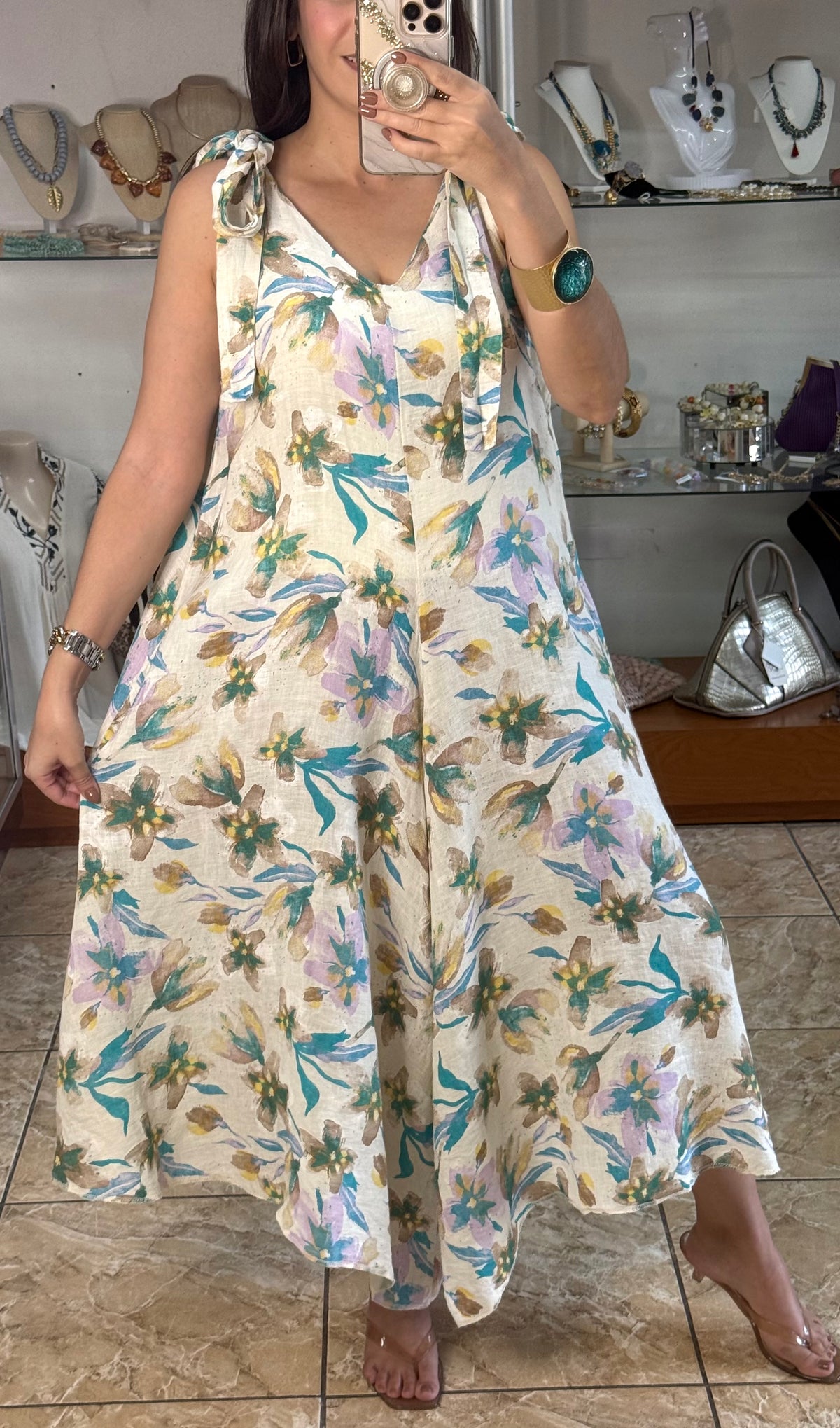 OS Pastel Floral Linen Jumpsuit (NO RETURNS OR EXCHANGE)