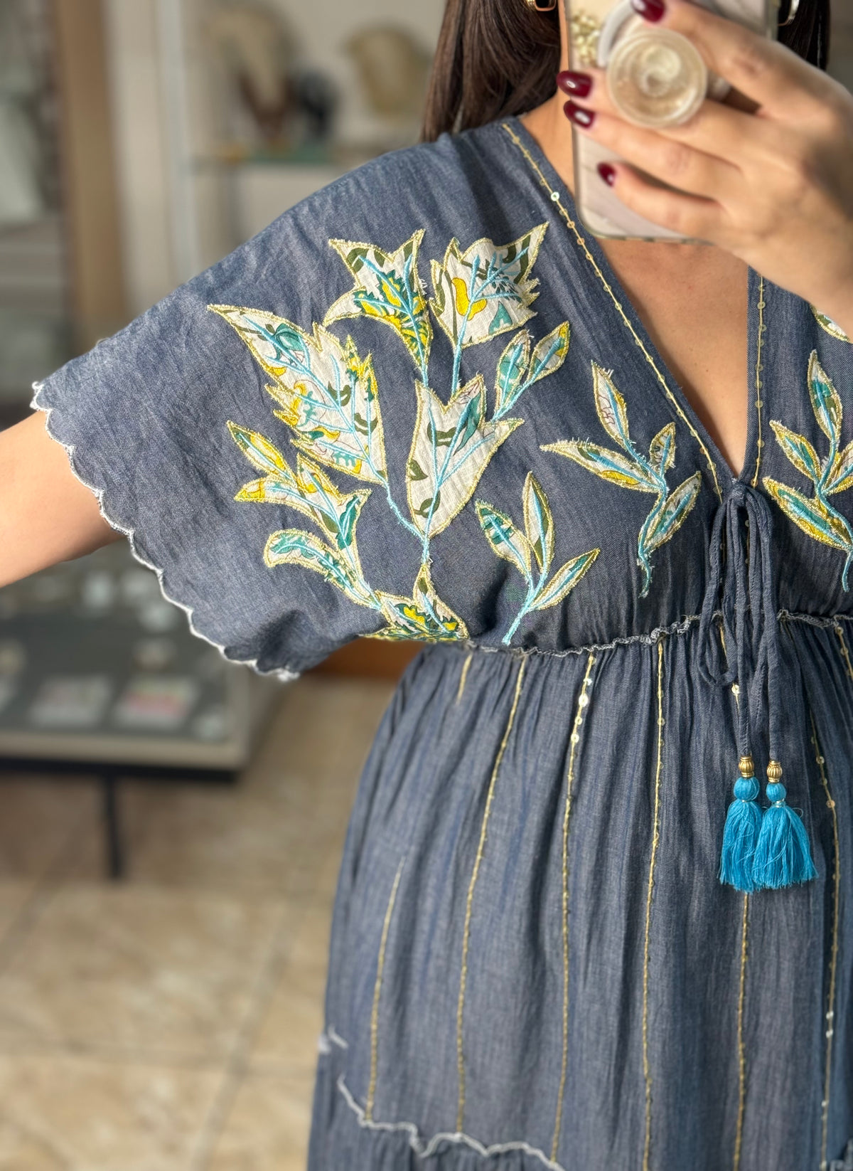 Embroidered Chambray Maxi Dress