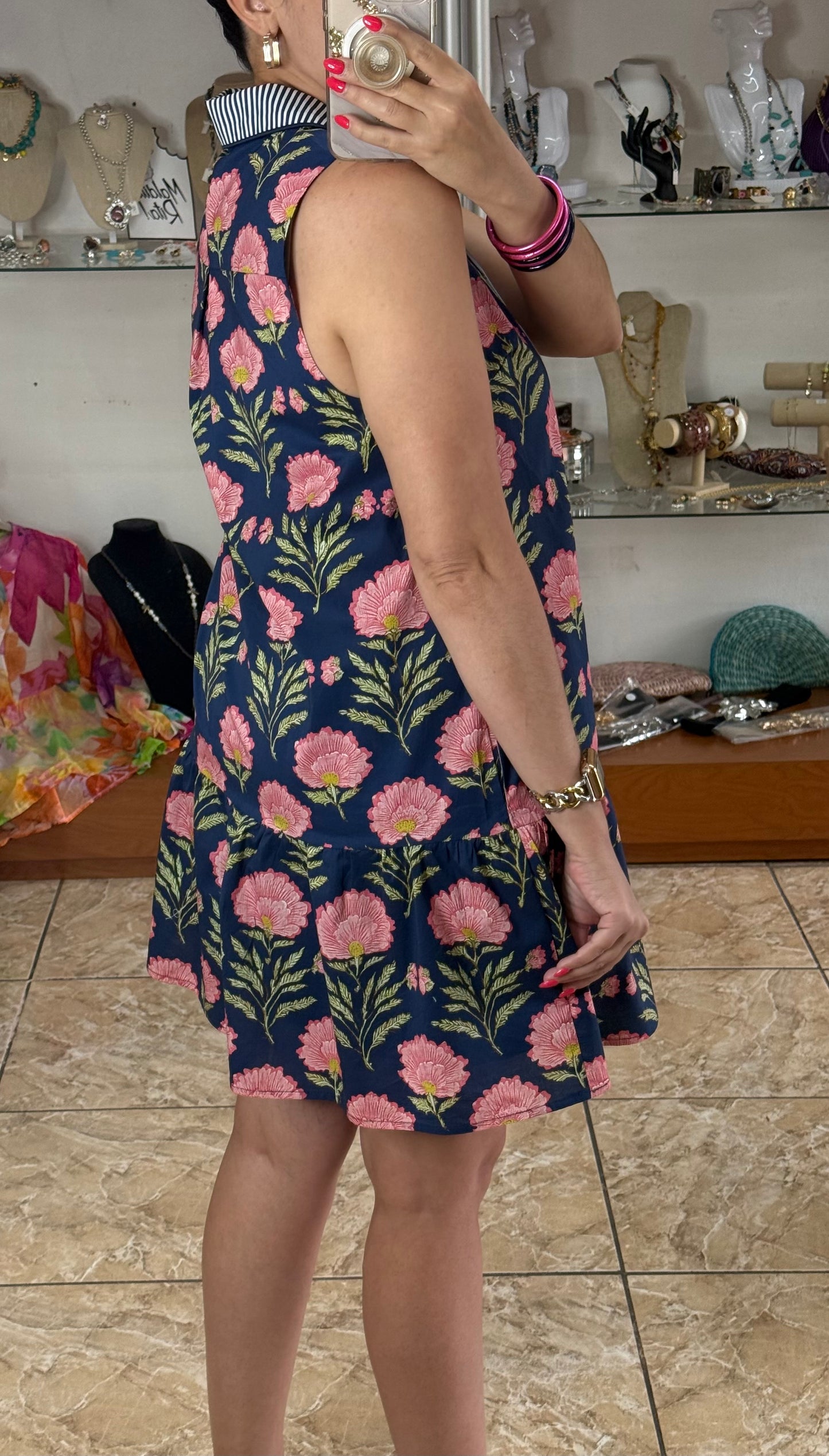 Navy Floral/Stripes Sleeveless Mini Dress
