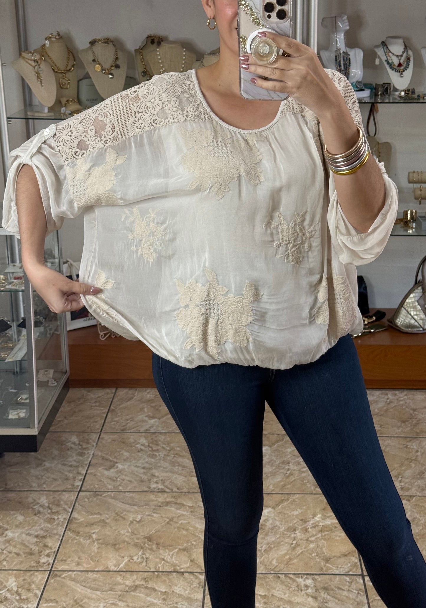 Cream Embroidered Silk OS Top (FINAL SALE)
