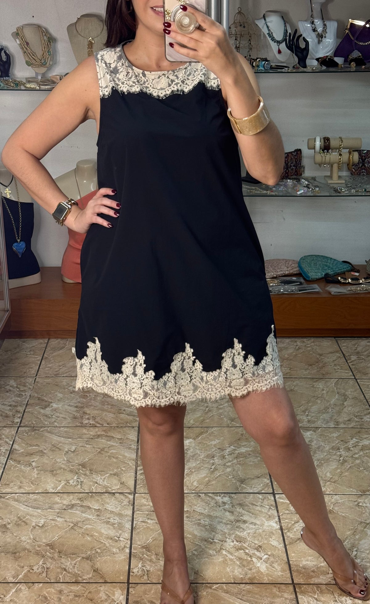 Sleeveless Black Dress with Lace Details