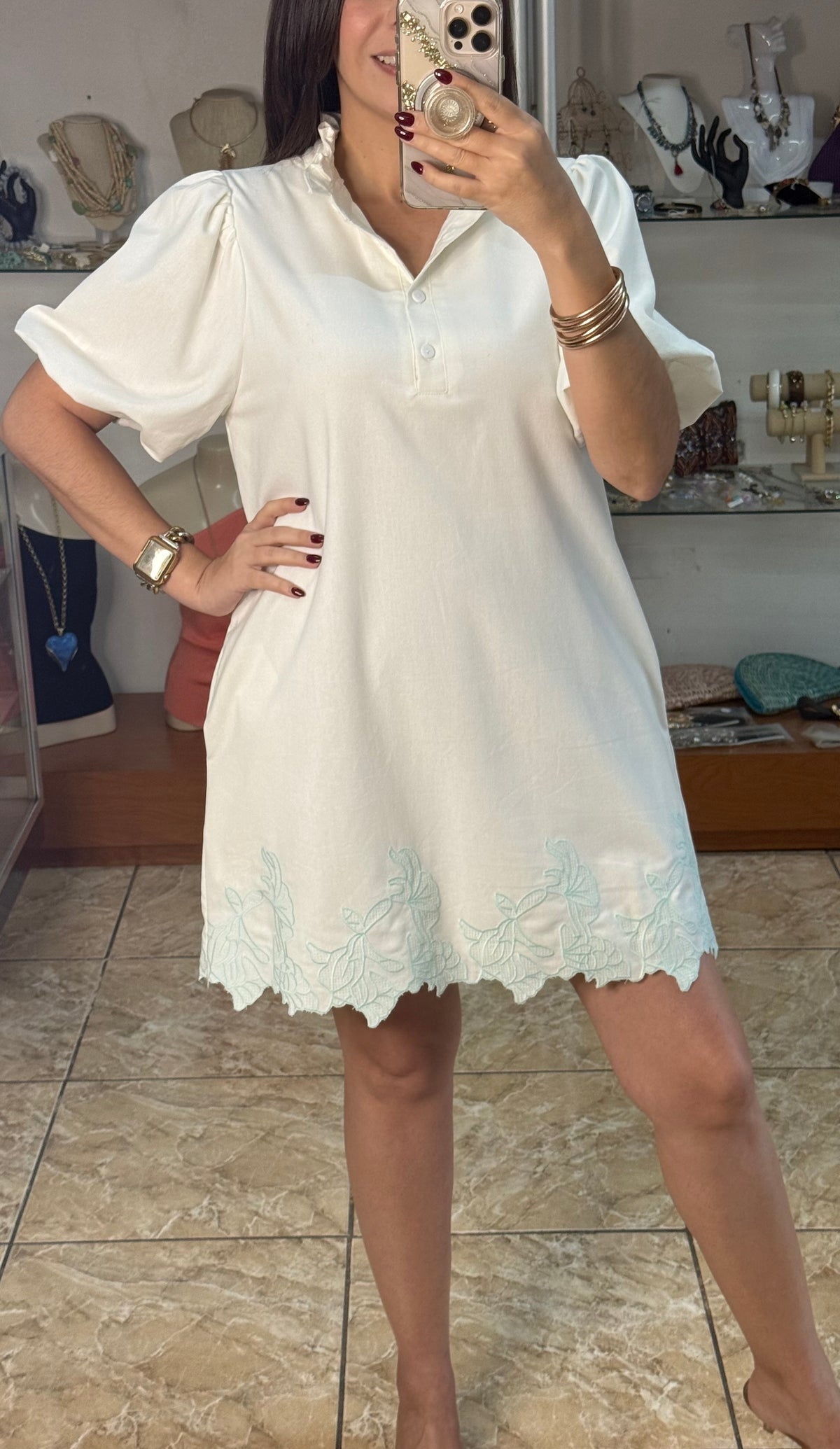 Bubble Sleeve Ruffled Neck Mini Dress