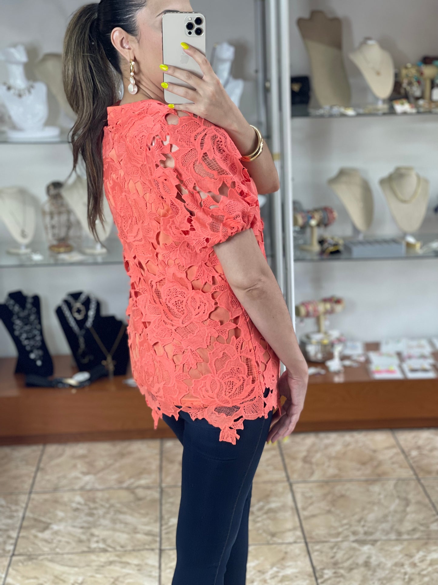 Coral Floral Lace Top