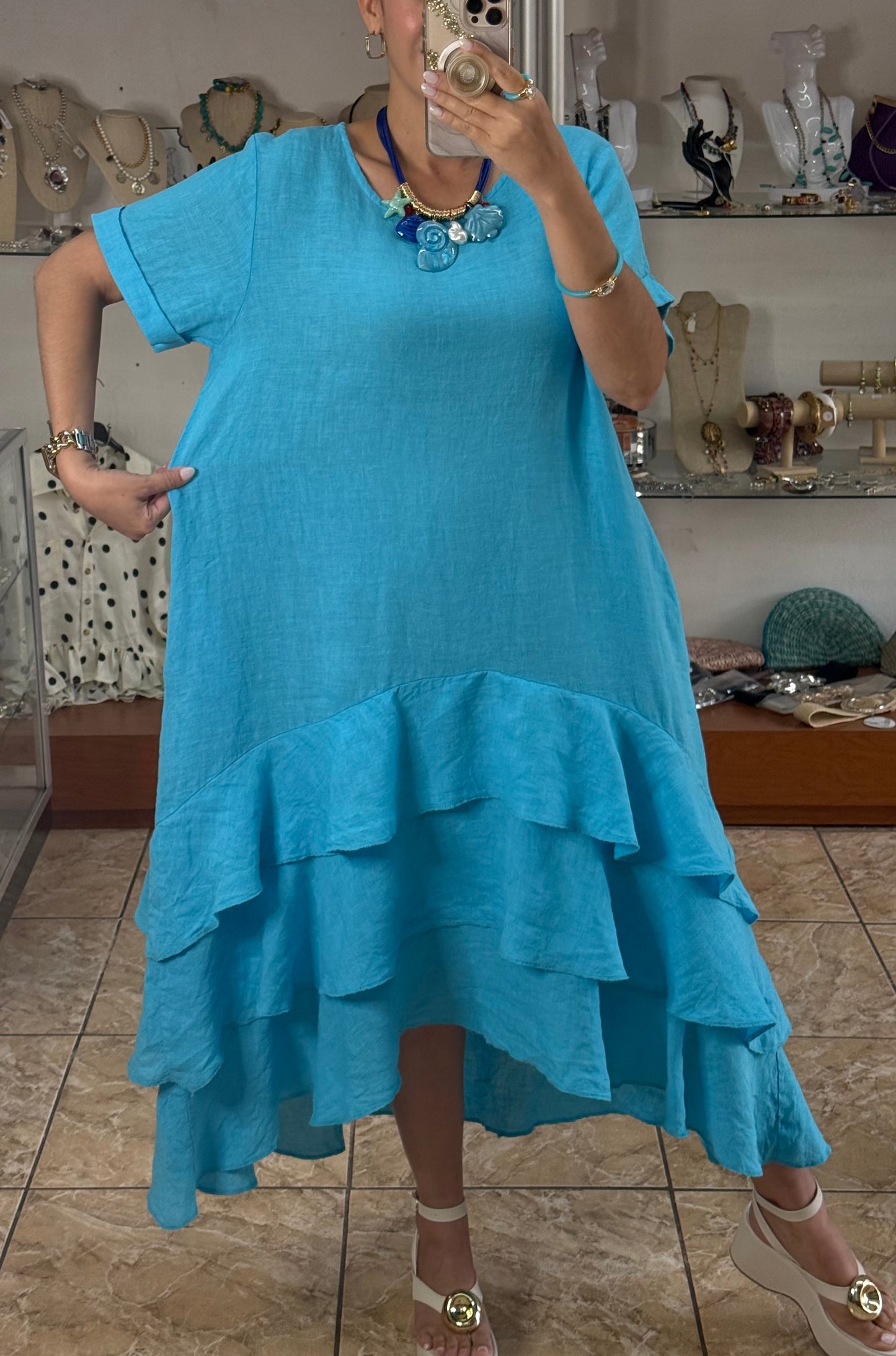 OS Ruffle Tiered Linen Midi Dress (NO RETURNS OR EXCHANGE)