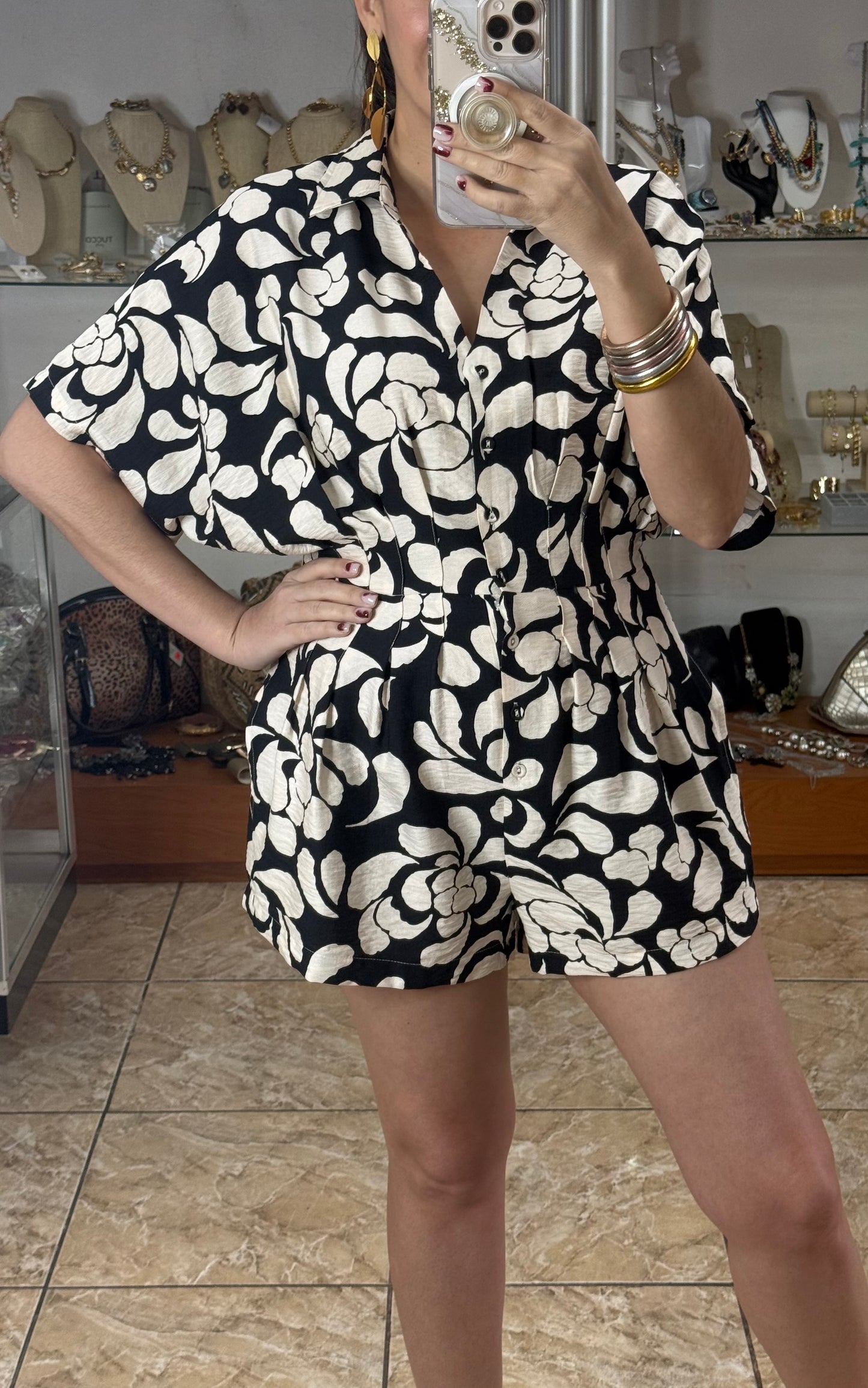 Black/Cream Floral Romper