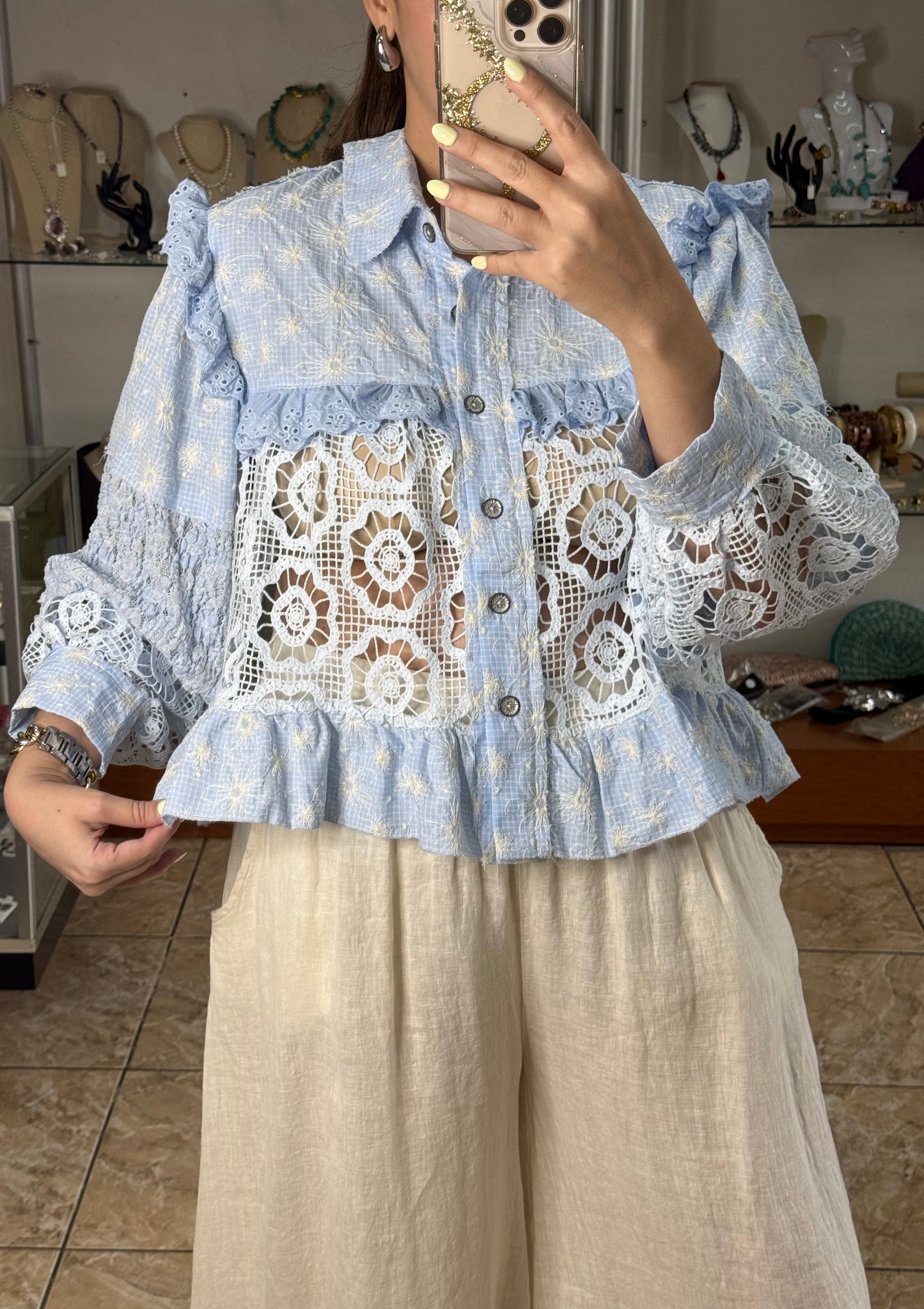 Baby Blue Embroidered Button Down Top