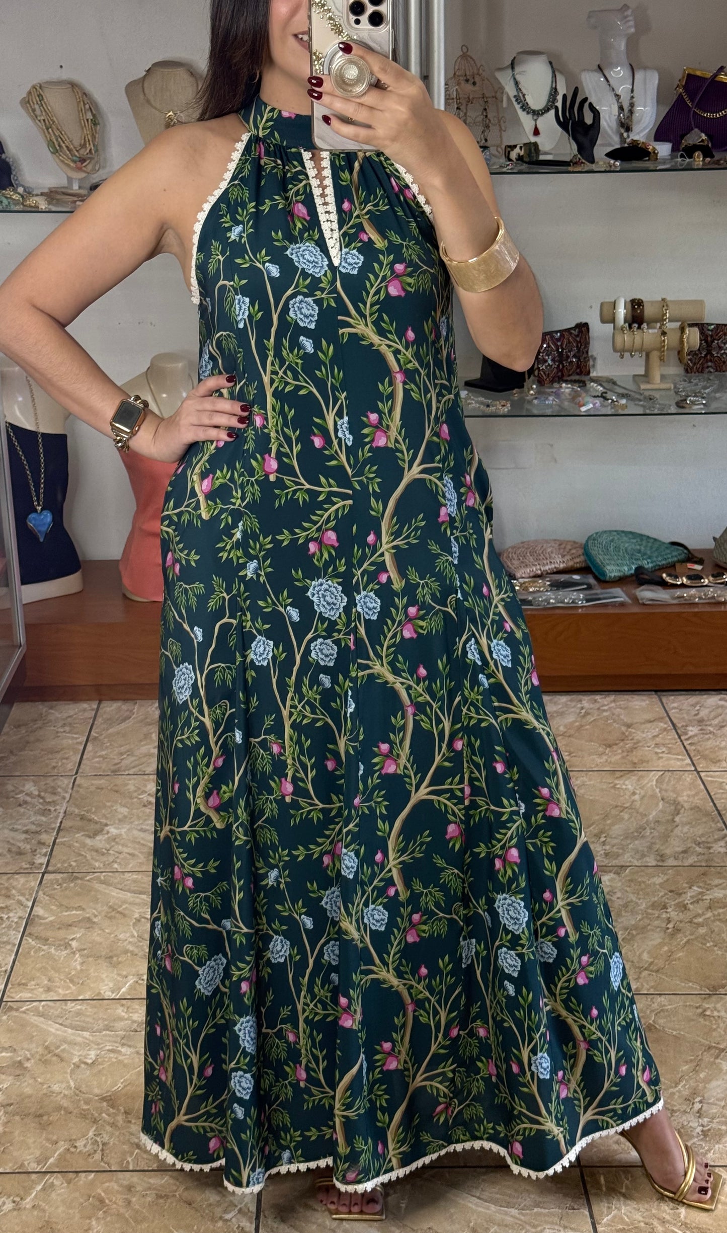 Halter Teal/Floral Maxi Dress
