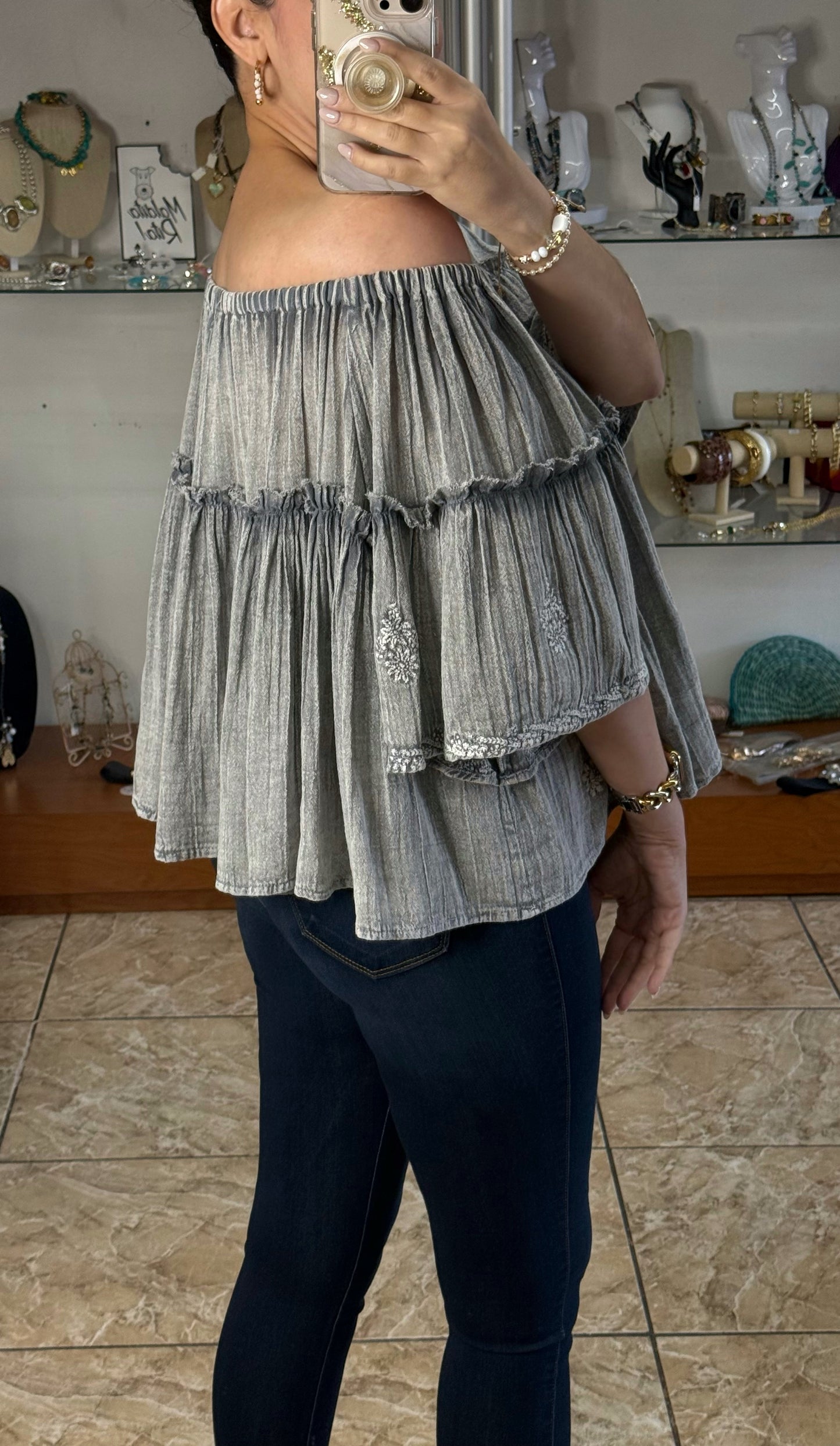Gray Off Shoulder Floral Embroidered Top