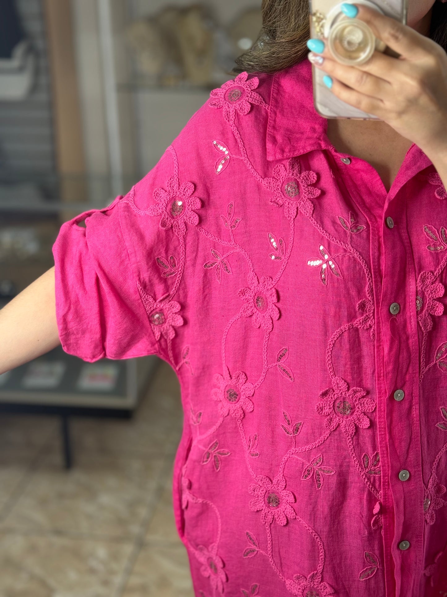 OS Embroidered/Sequins Linen Maxi Dress (NO RETURNS OR EXCHANGE)