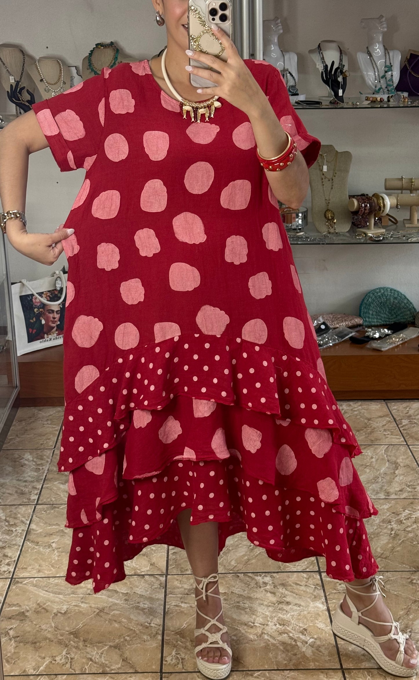 Polka OS Ruffle Tiered Linen Midi Dress (NO RETURNS OR EXCHANGE)