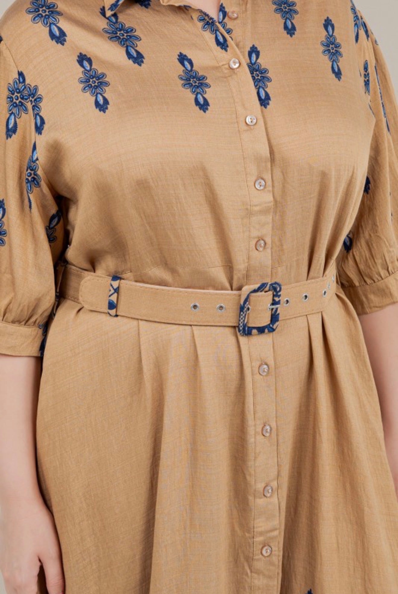 Khaki/Blue Maxi Floral Button Down Dress (Reg and Plus)