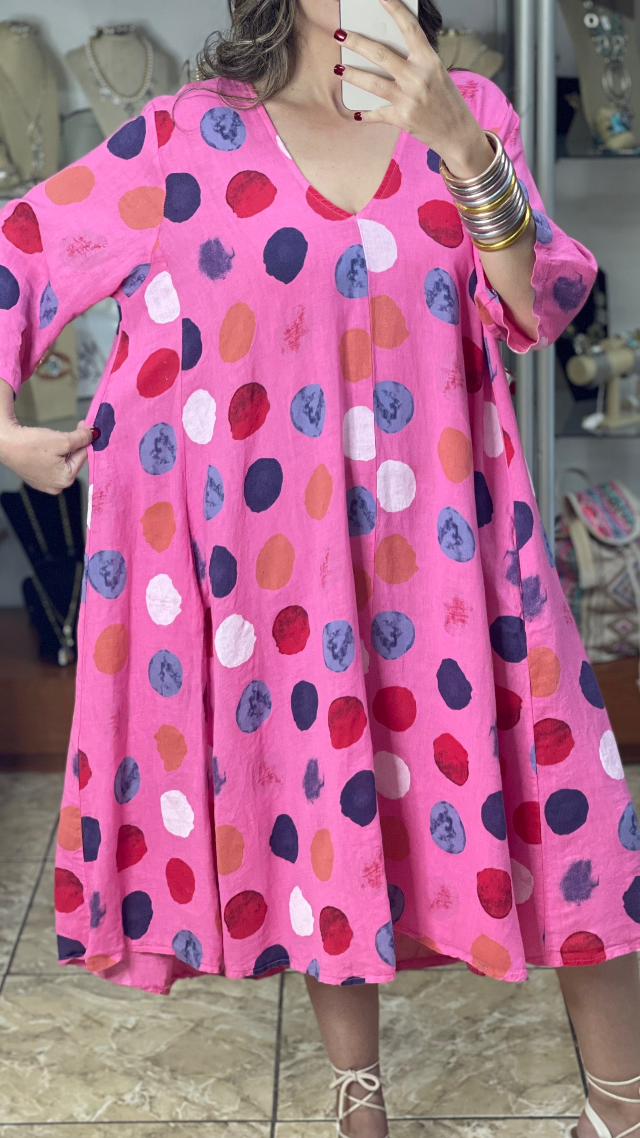 Pink Multi Polka OS Linen Dress