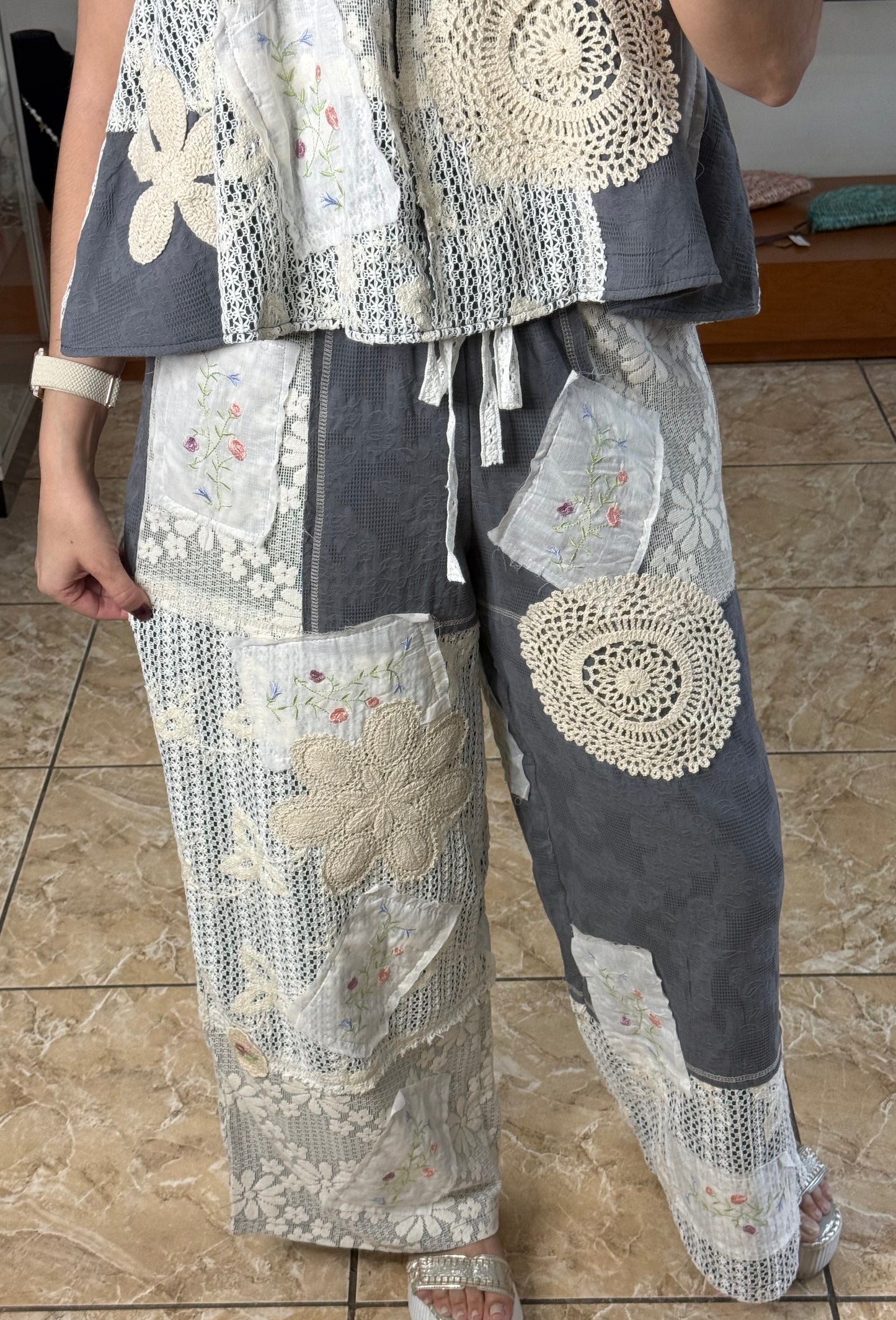 Charcoal Grey Crochet Details Pant Set (FINAL SALE)